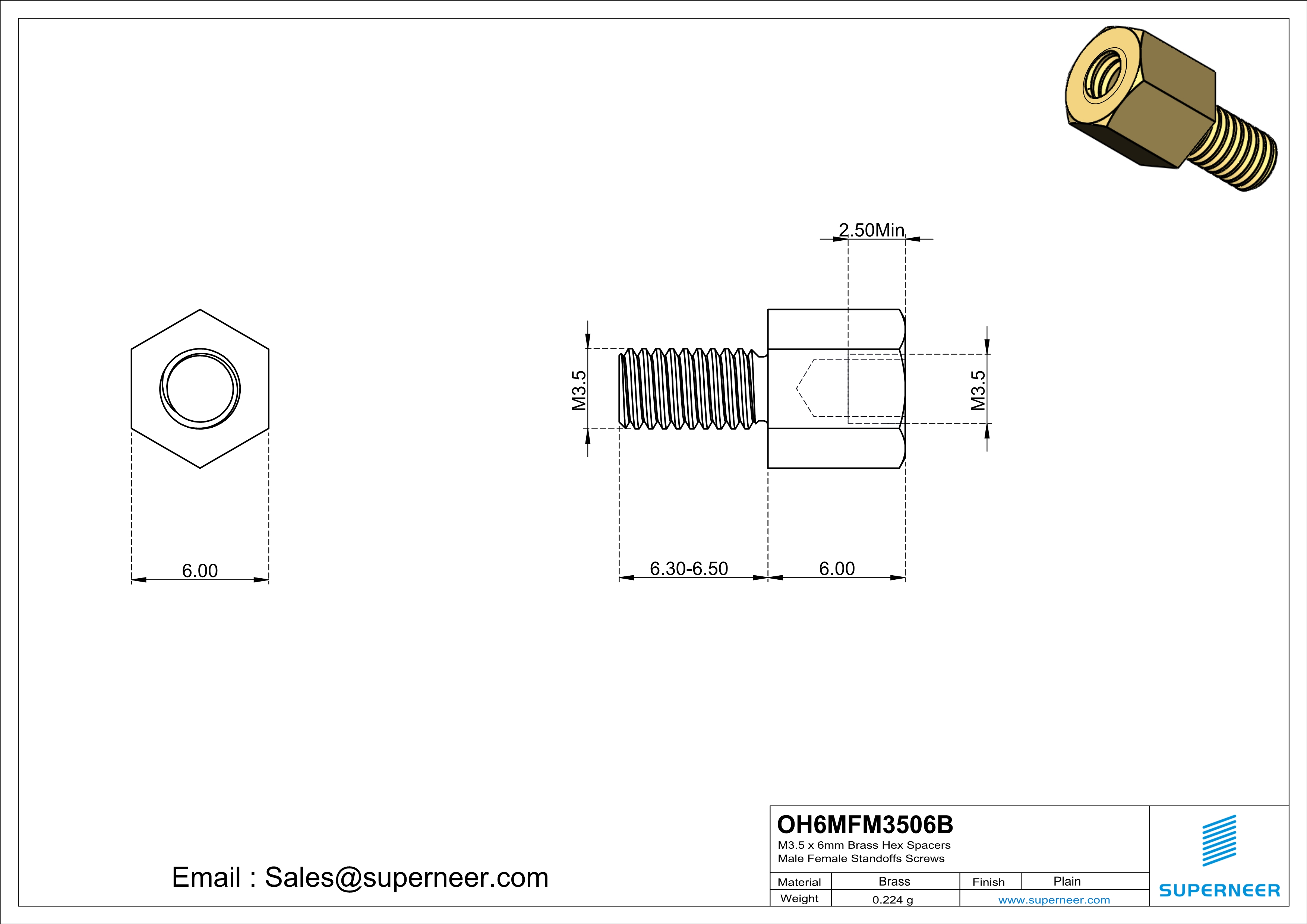 M3.5 x 6mm Brass Hex Spacers Male Female Standoffs Screws