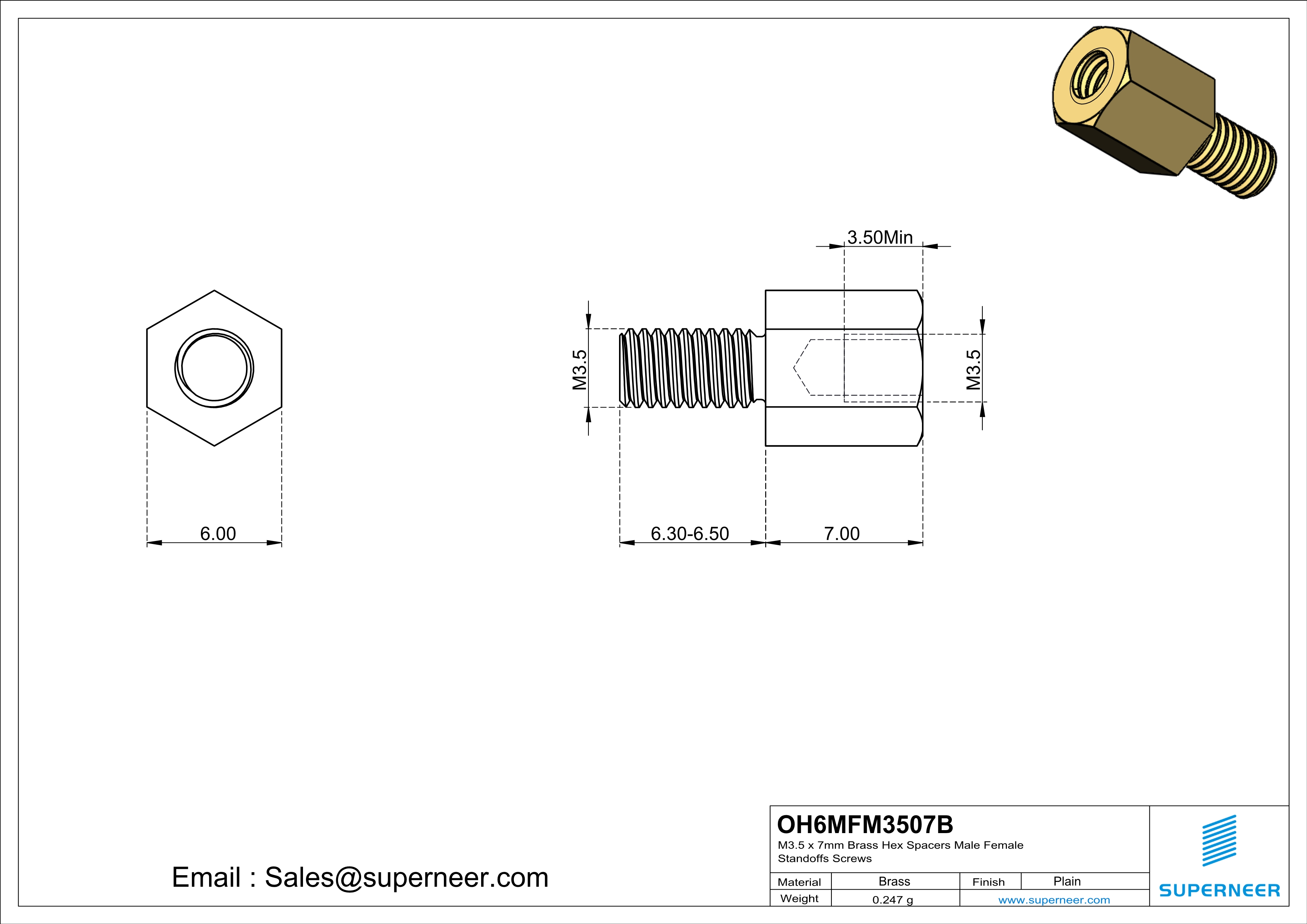 M3.5 x 7mm Brass Hex Spacers Male Female Standoffs Screws