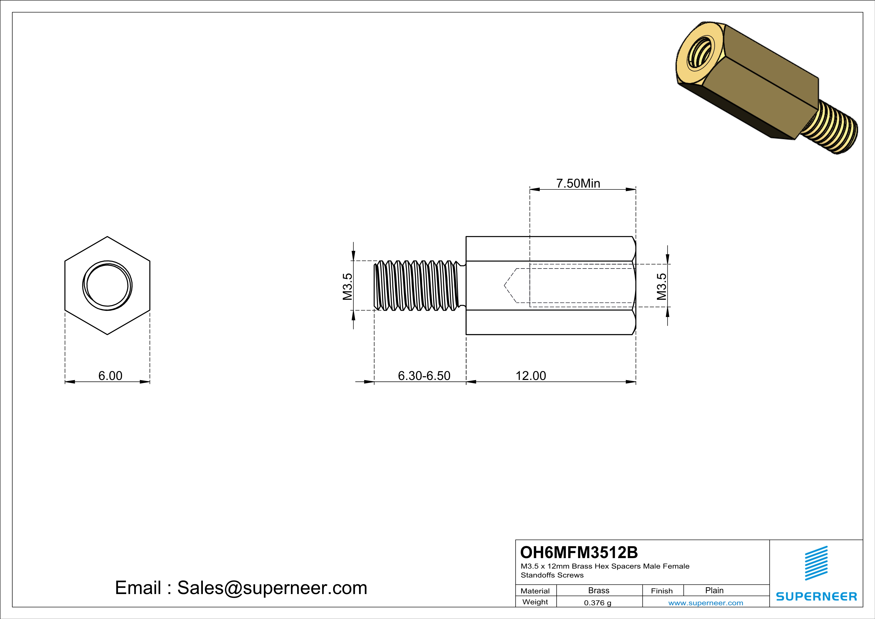 M3.5 x 12mm Brass Hex Spacers Male Female Standoffs Screws