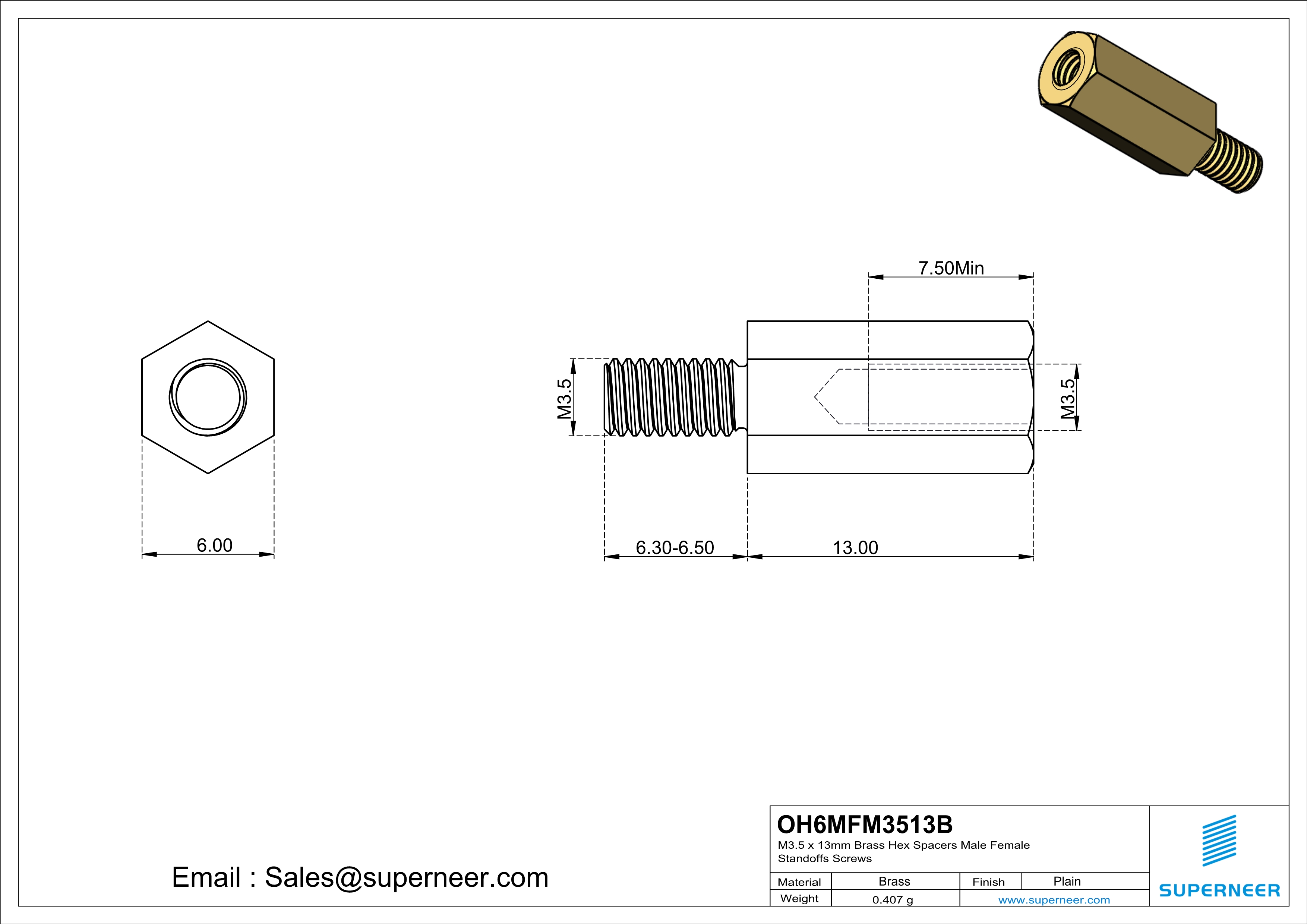 M3.5 x 13mm Brass Hex Spacers Male Female Standoffs Screws