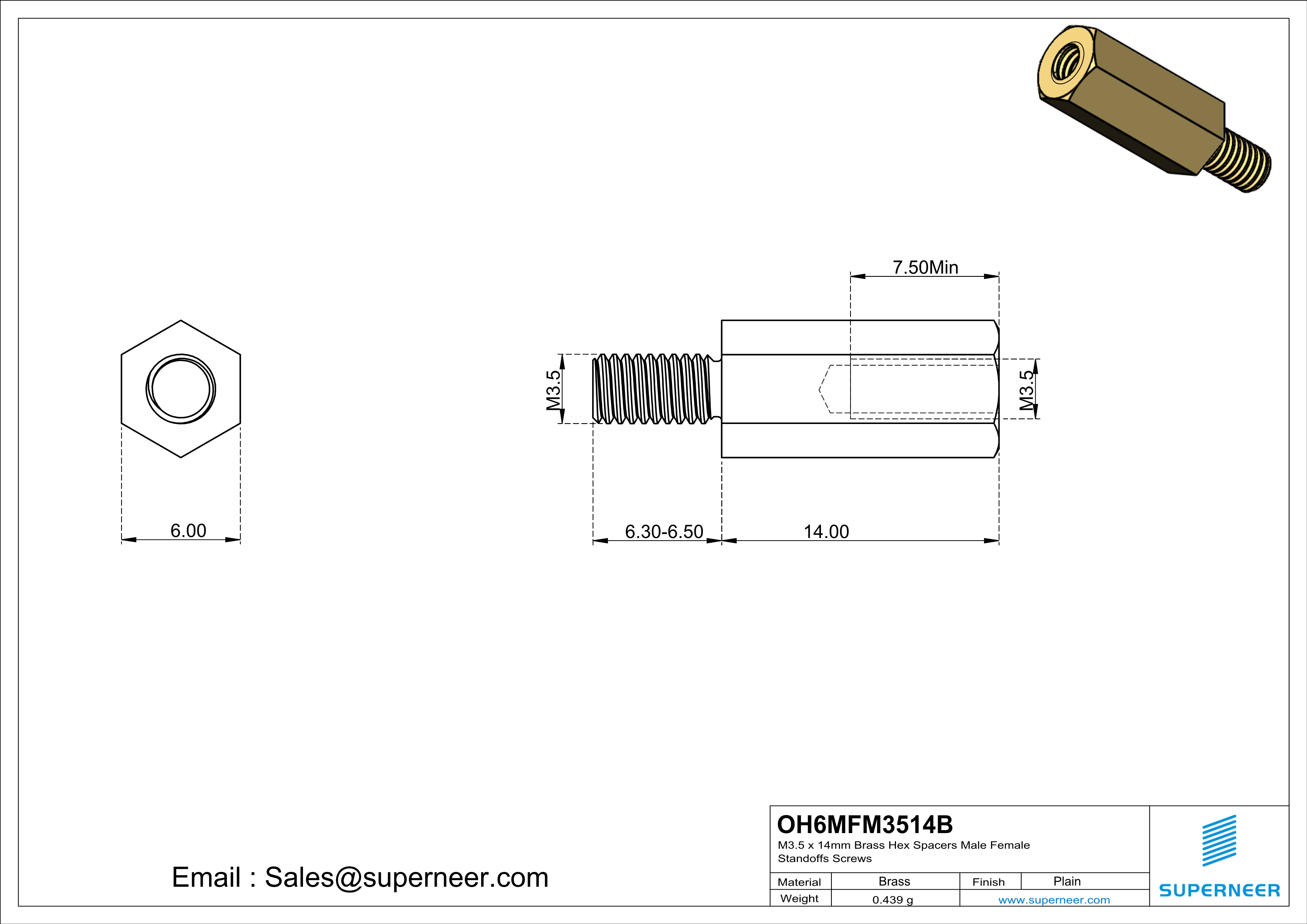 M3.5 x 14mm Brass Hex Spacers Male Female Standoffs Screws