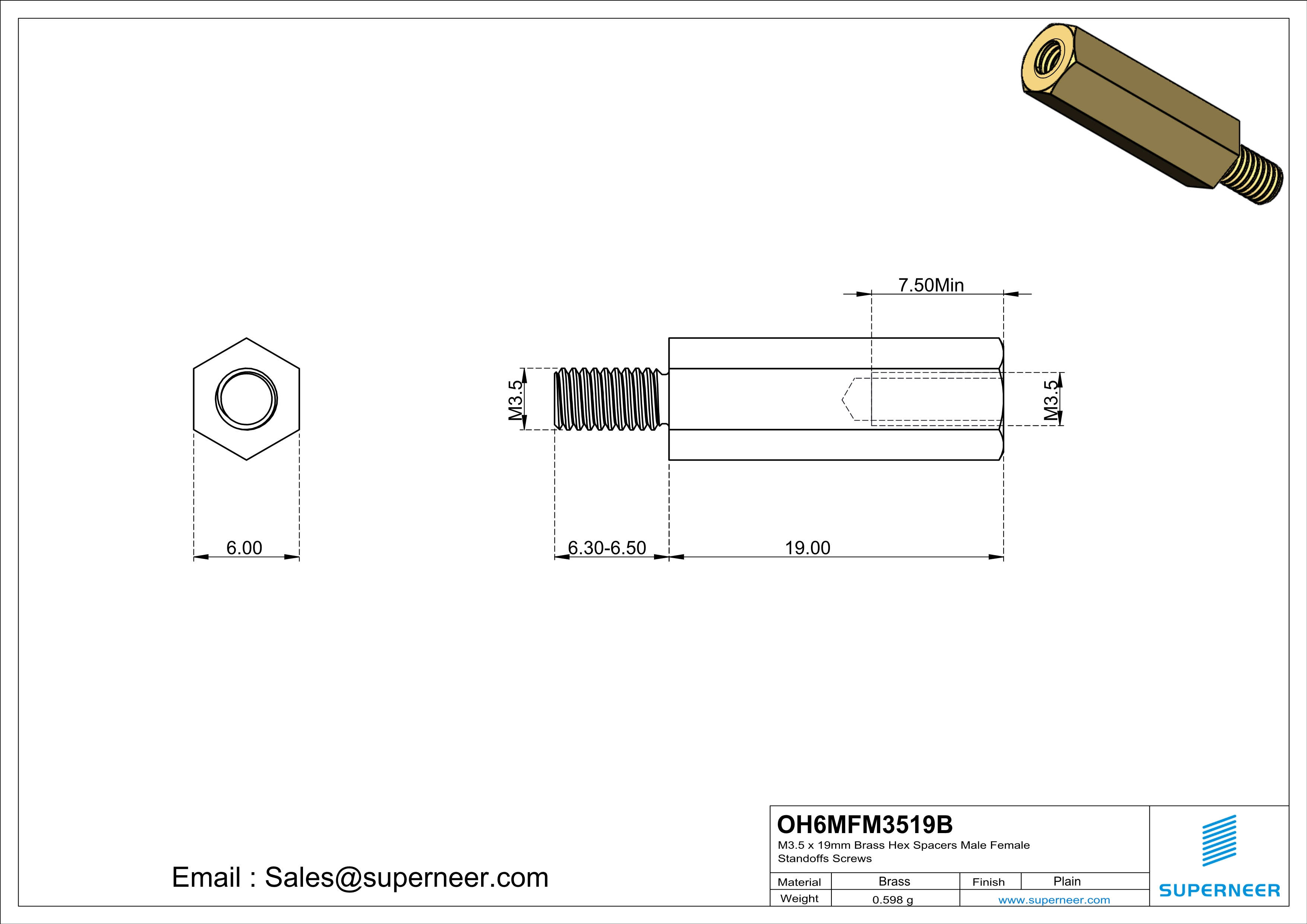 M3.5 x 19mm Brass Hex Spacers Male Female Standoffs Screws