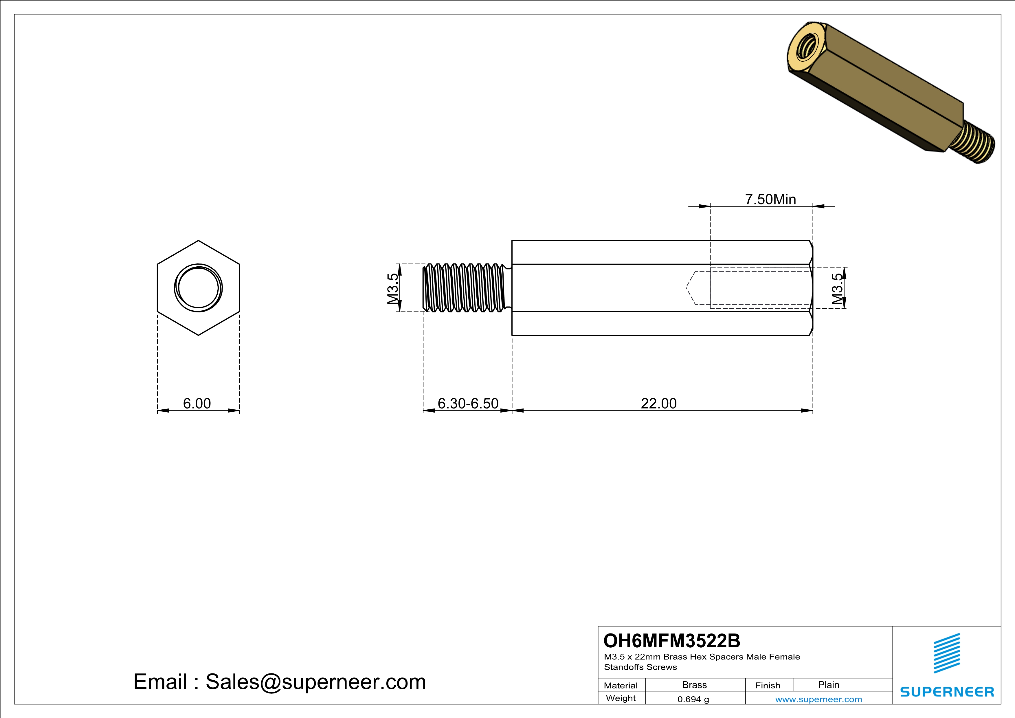 M3.5 x 22mm Brass Hex Spacers Male Female Standoffs Screws