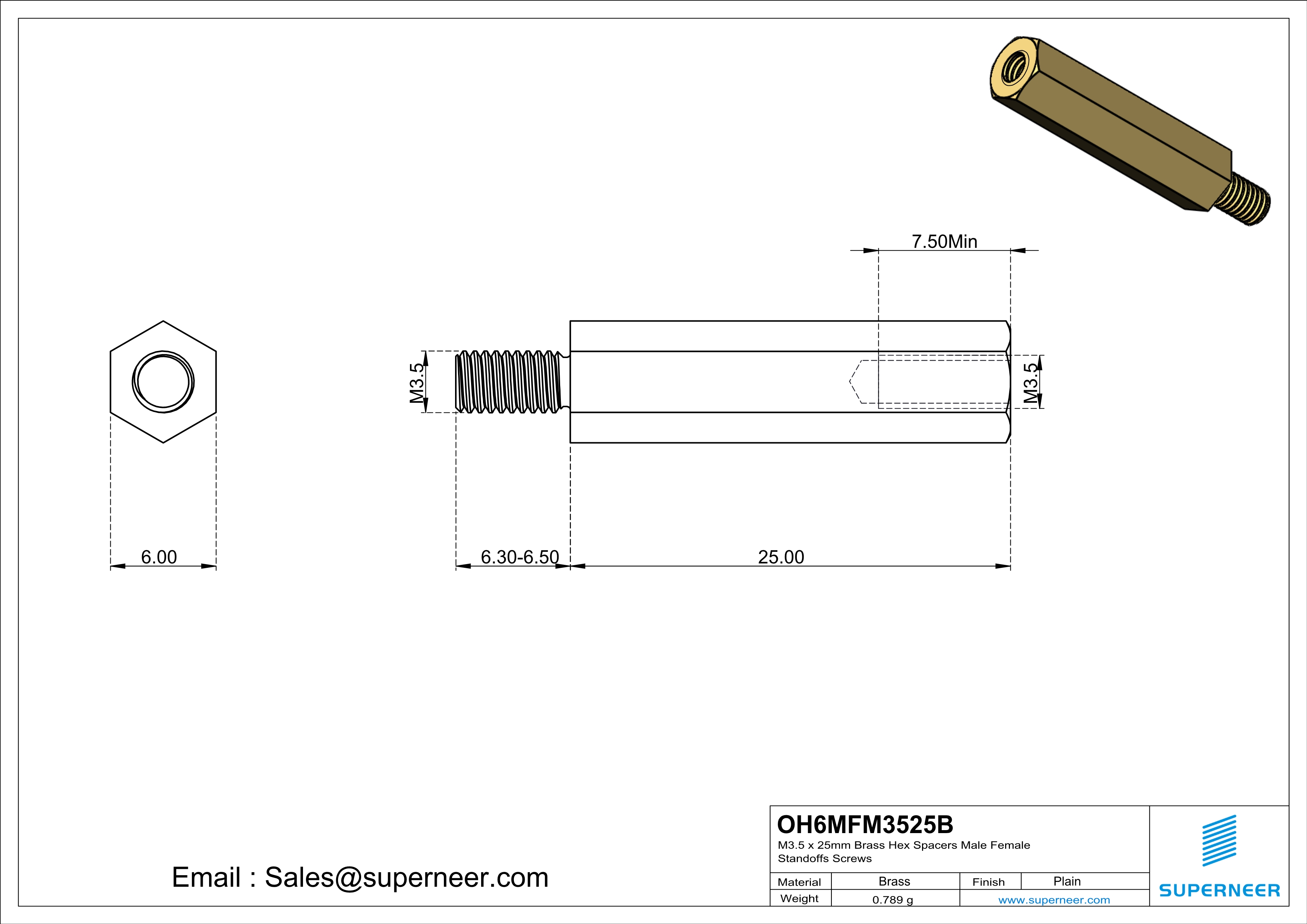 M3.5 x 25mm Brass Hex Spacers Male Female Standoffs Screws