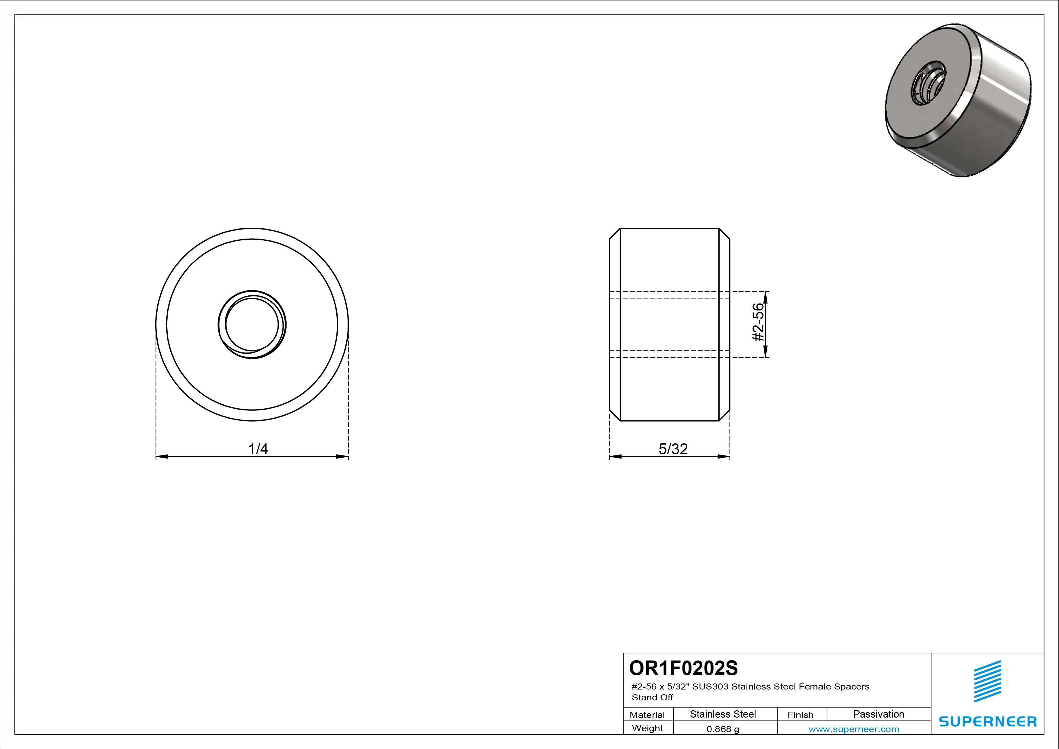 2-56 x 5/32" SUS303 Stainless Steel Inox Female Spacers SUS303 Stainless Steel Inox Stand Off 