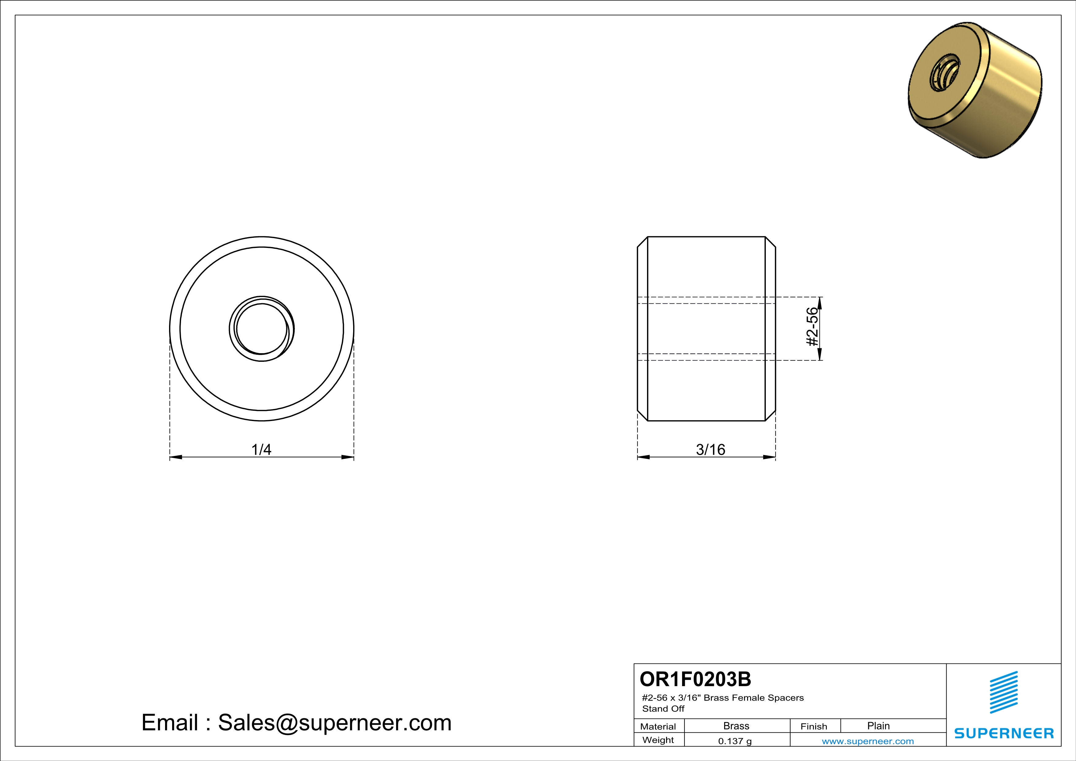 2-56 x 3/16" Brass Female Spacers Brass Stand Off  