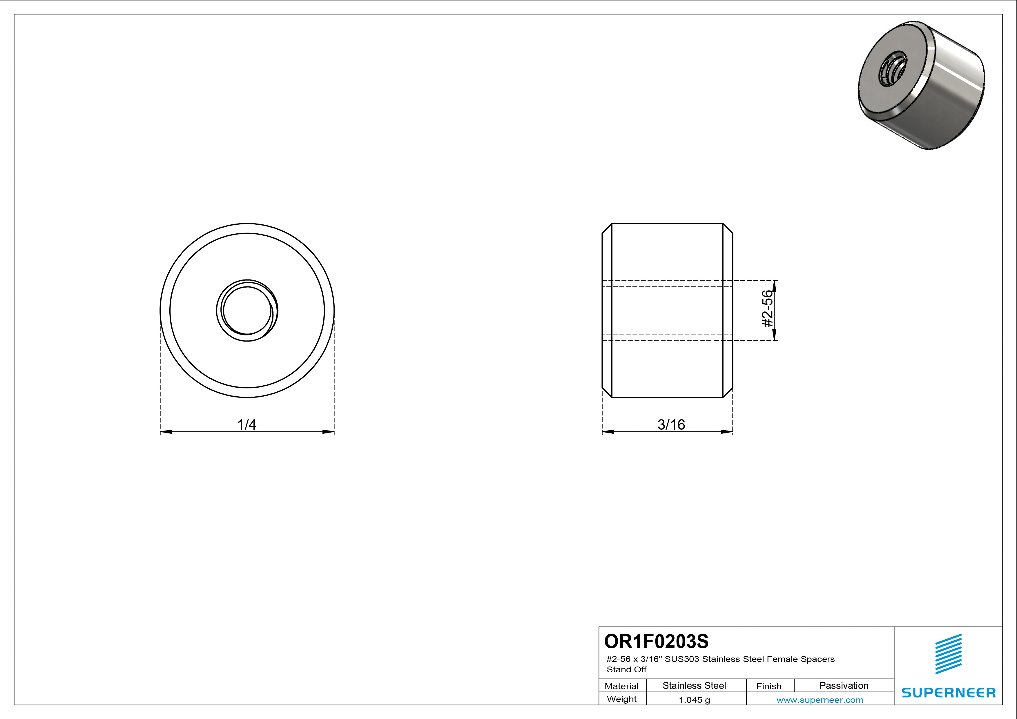 2-56 x 3/16" SUS303 Stainless Steel Inox Female Spacers SUS303 Stainless Steel Inox Stand Off 