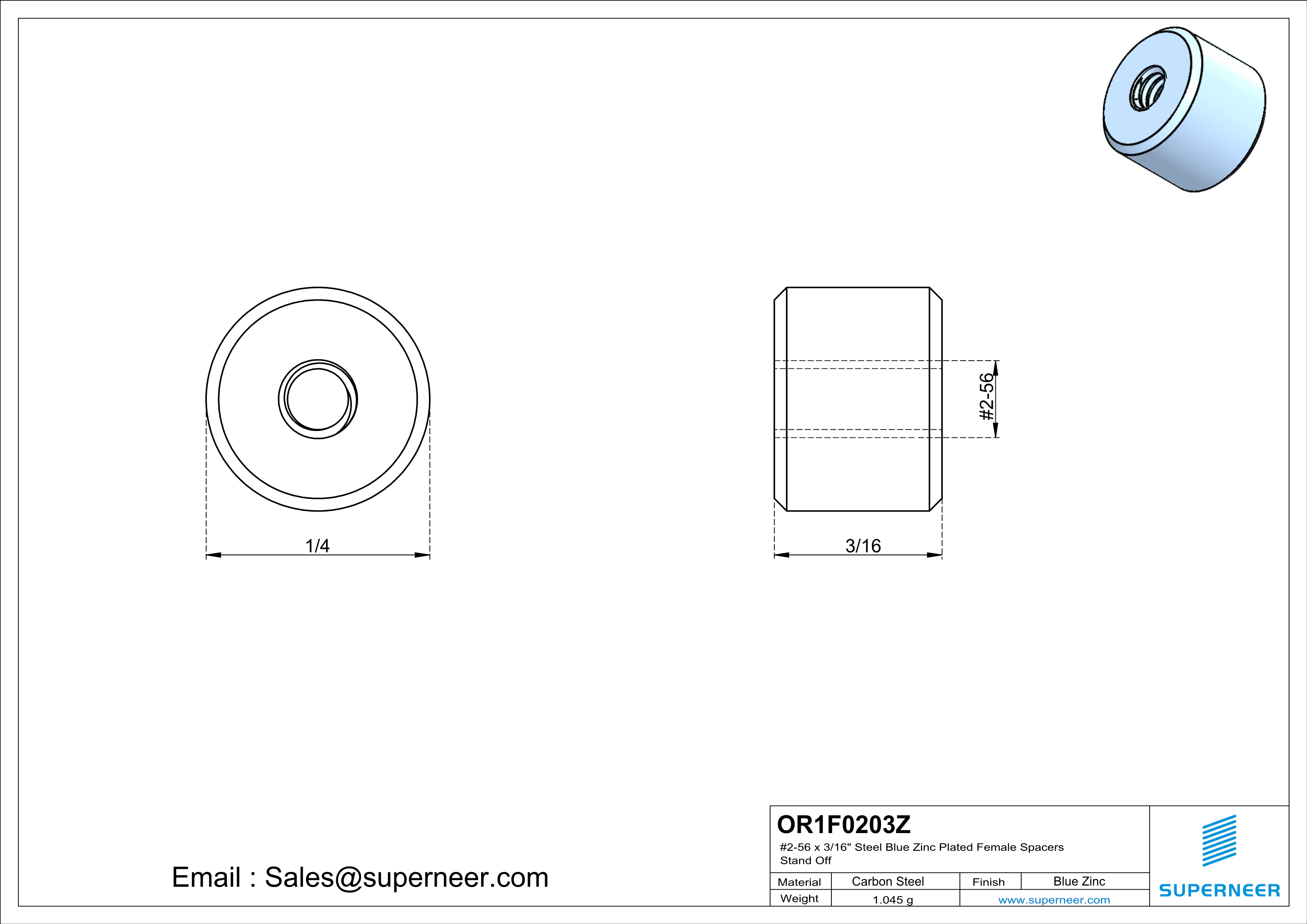 2-56 x 3/16" Steel Blue Zinc Plated Female Spacers Steel Blue Zinc Plated Stand Off 