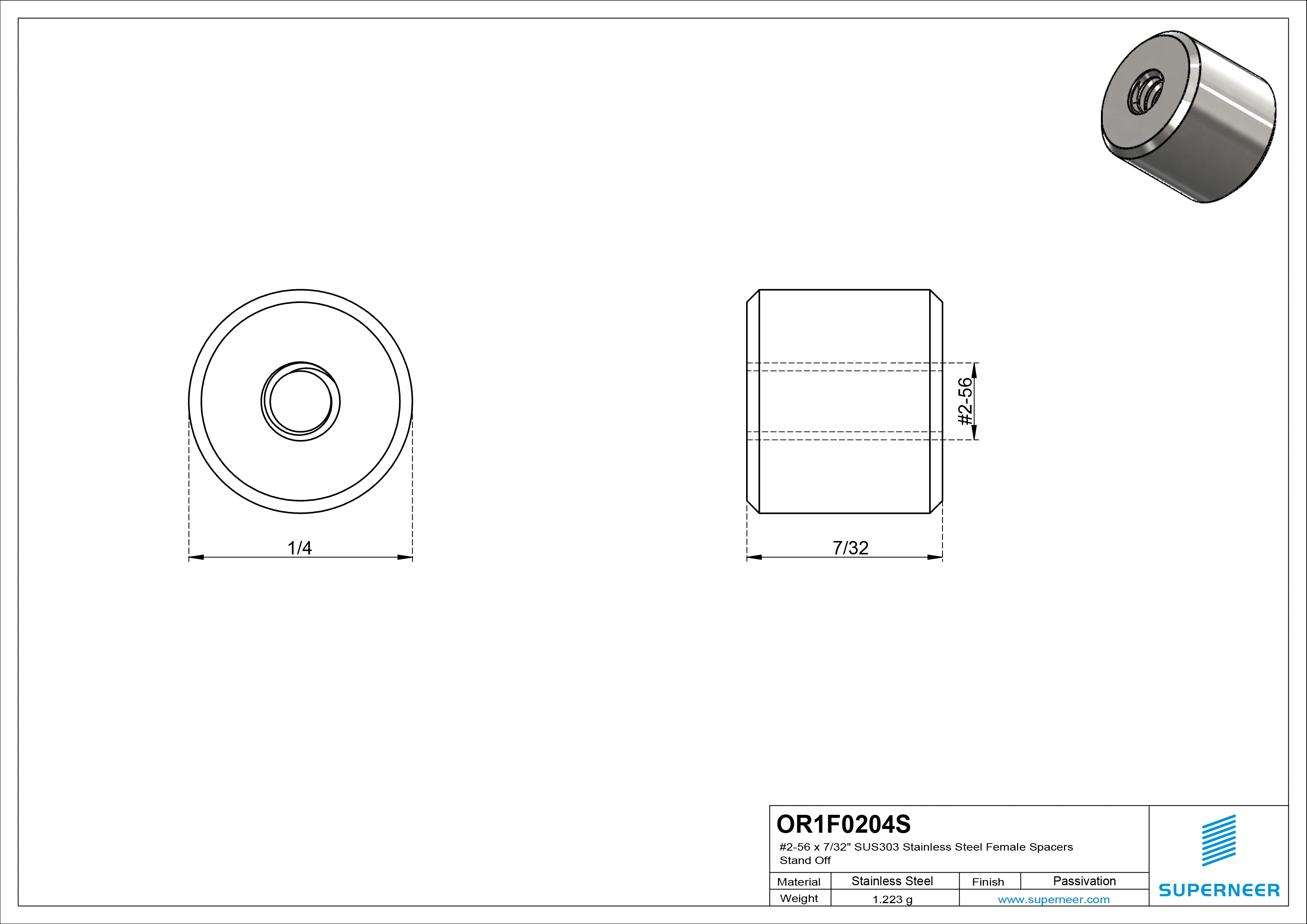 2-56 x 7/32" SUS303 Stainless Steel Inox Female Spacers SUS303 Stainless Steel Inox Stand Off 