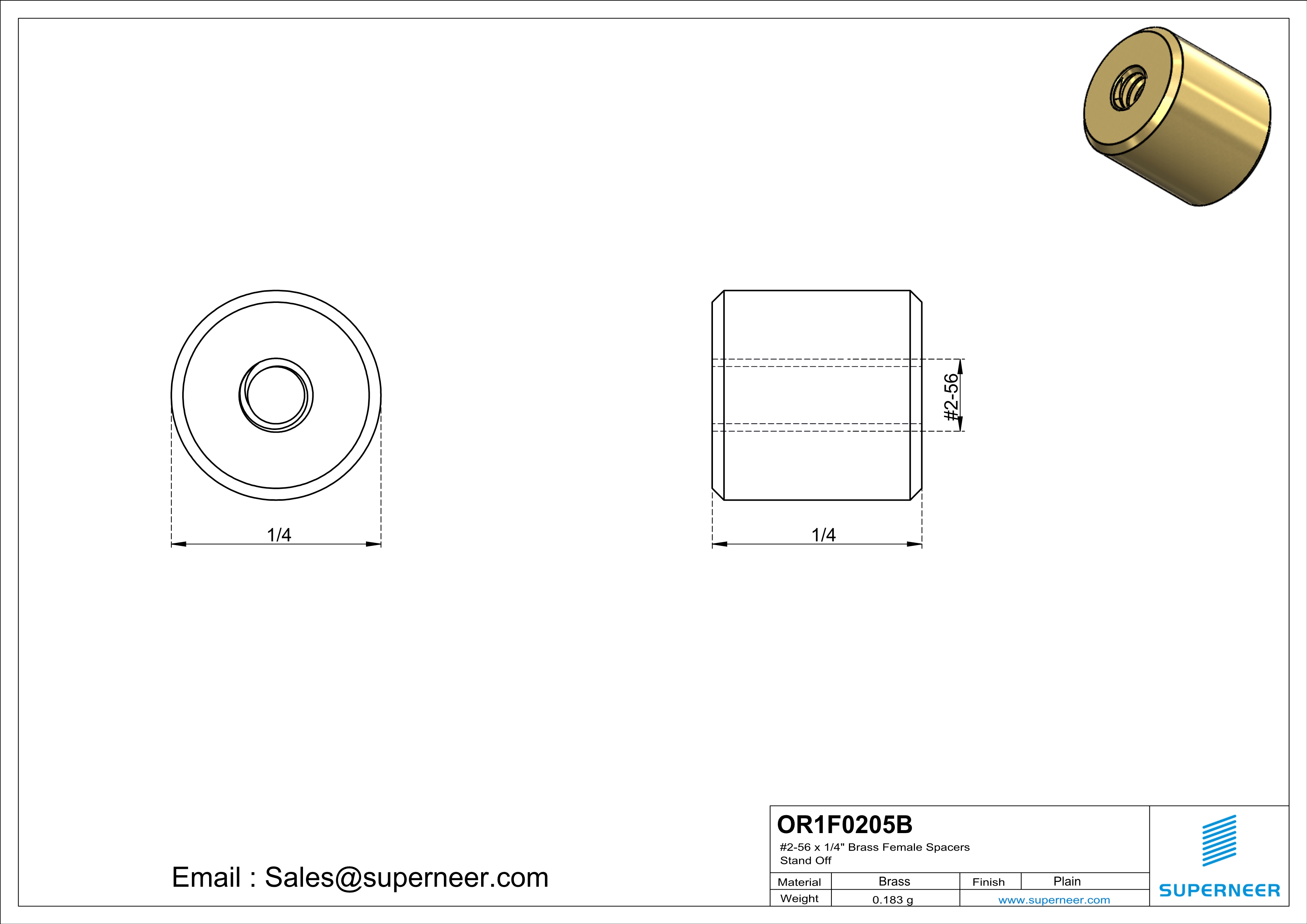 2-56 x 1/4" Brass Female Spacers Brass Stand Off  