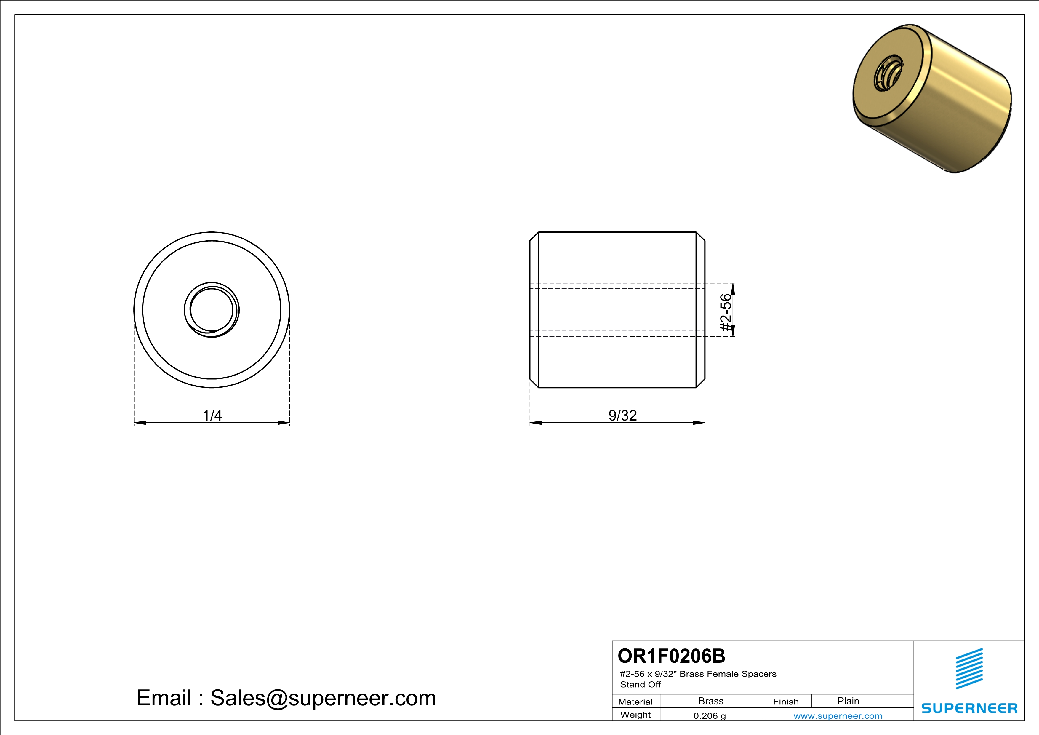 2-56 x 9/32" Brass Female Spacers Brass Stand Off  