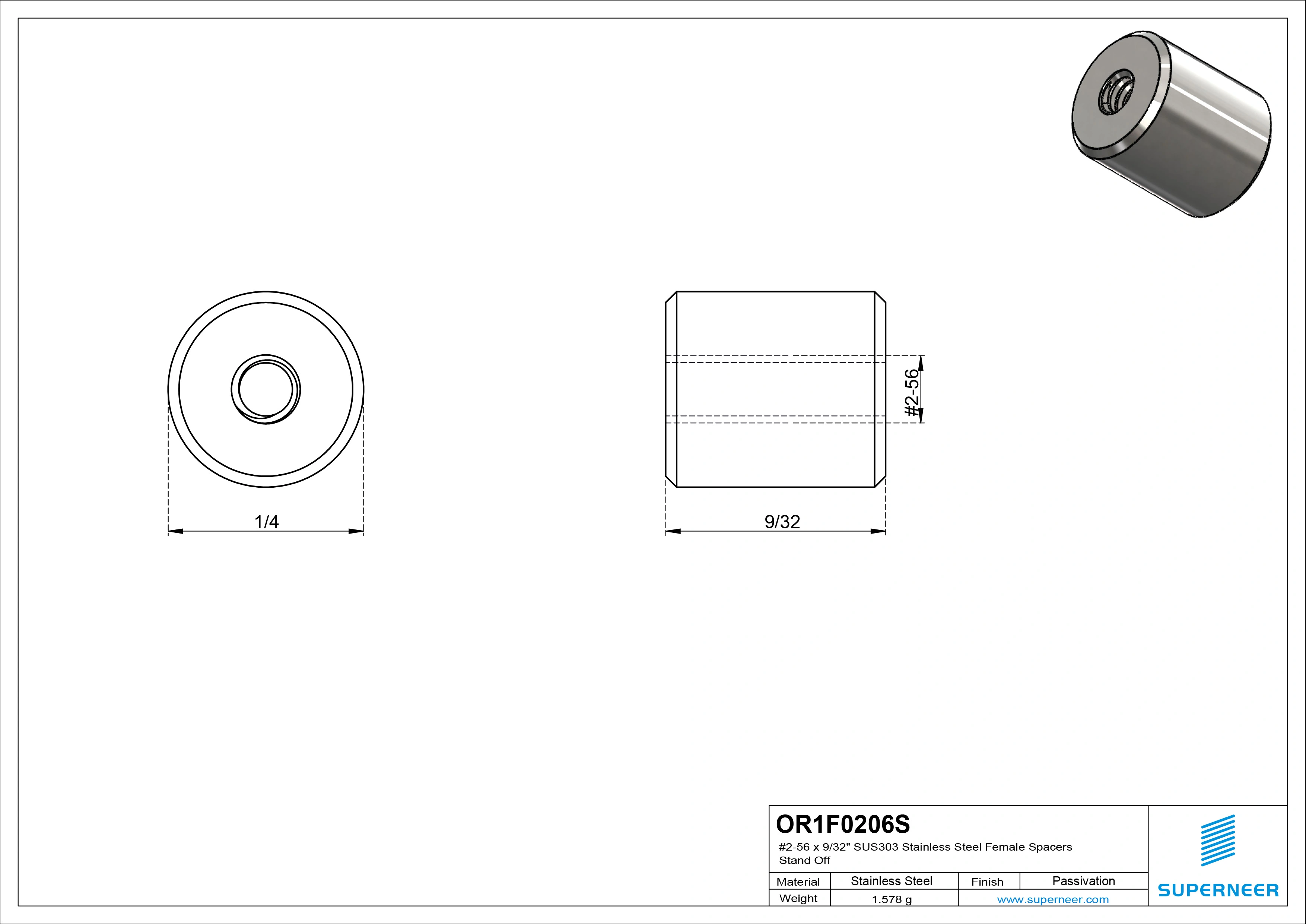 2-56 x 9/32" SUS303 Stainless Steel Inox Female Spacers SUS303 Stainless Steel Inox Stand Off 