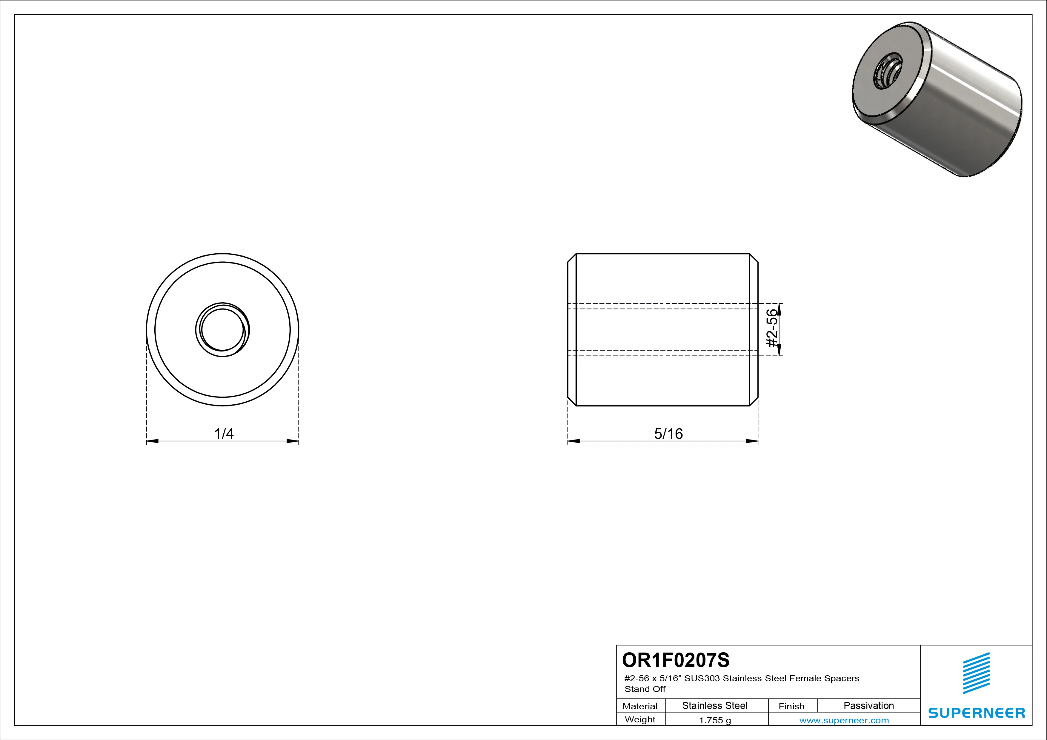 2-56 x 5/16" SUS303 Stainless Steel Inox Female Spacers SUS303 Stainless Steel Inox Stand Off 