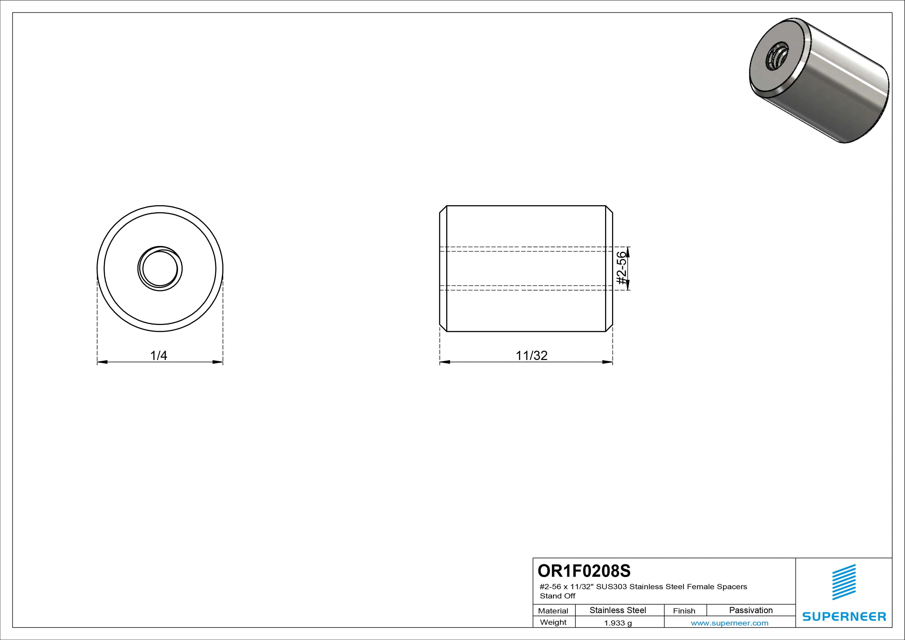 2-56 x 11/32" SUS303 Stainless Steel Inox Female Spacers SUS303 Stainless Steel Inox Stand Off 