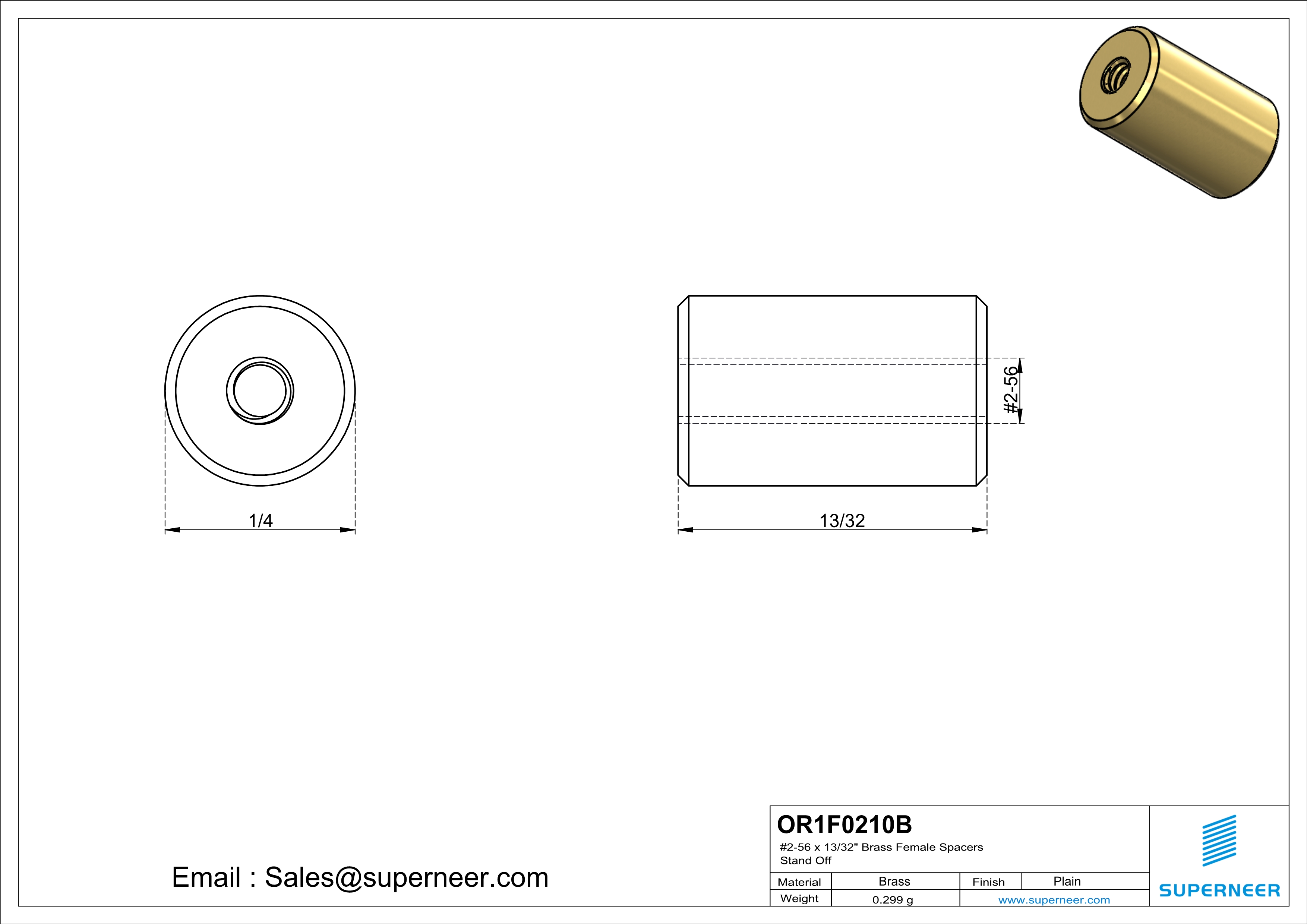 2-56 x 13/32" Brass Female Spacers Brass Stand Off  