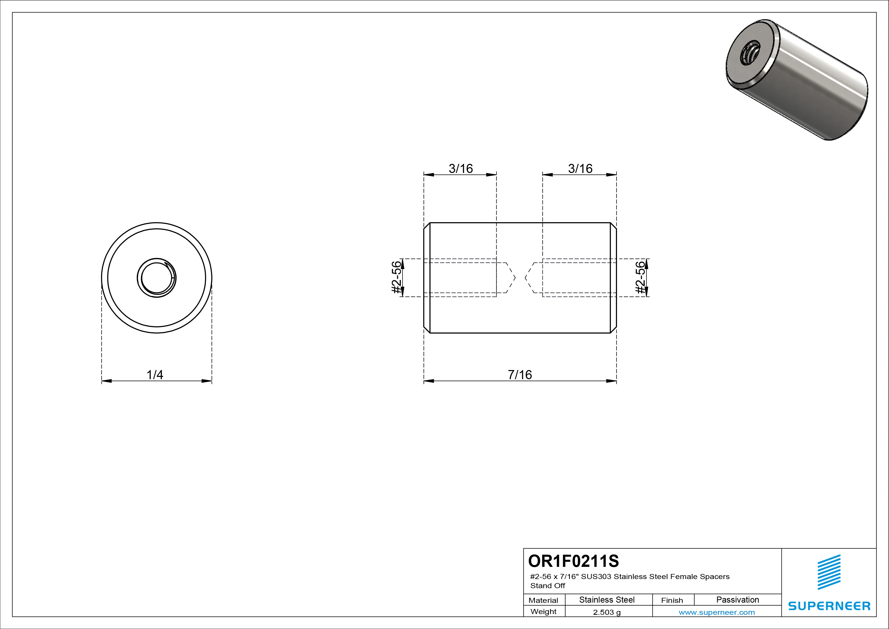 2-56 x 7/16" SUS303 Stainless Steel Inox Female Spacers SUS303 Stainless Steel Inox Stand Off 