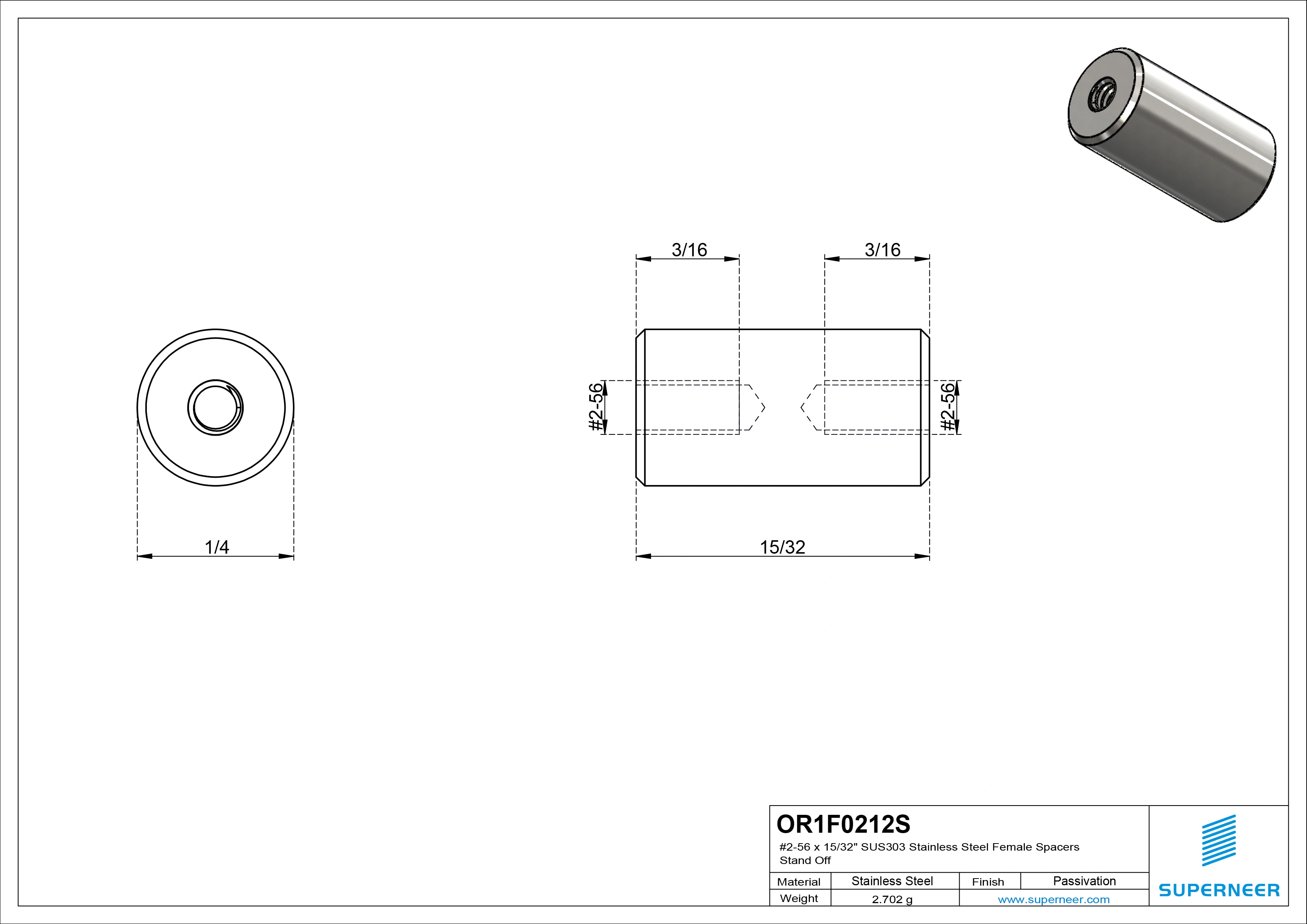 2-56 x 15/32" SUS303 Stainless Steel Inox Female Spacers SUS303 Stainless Steel Inox Stand Off 