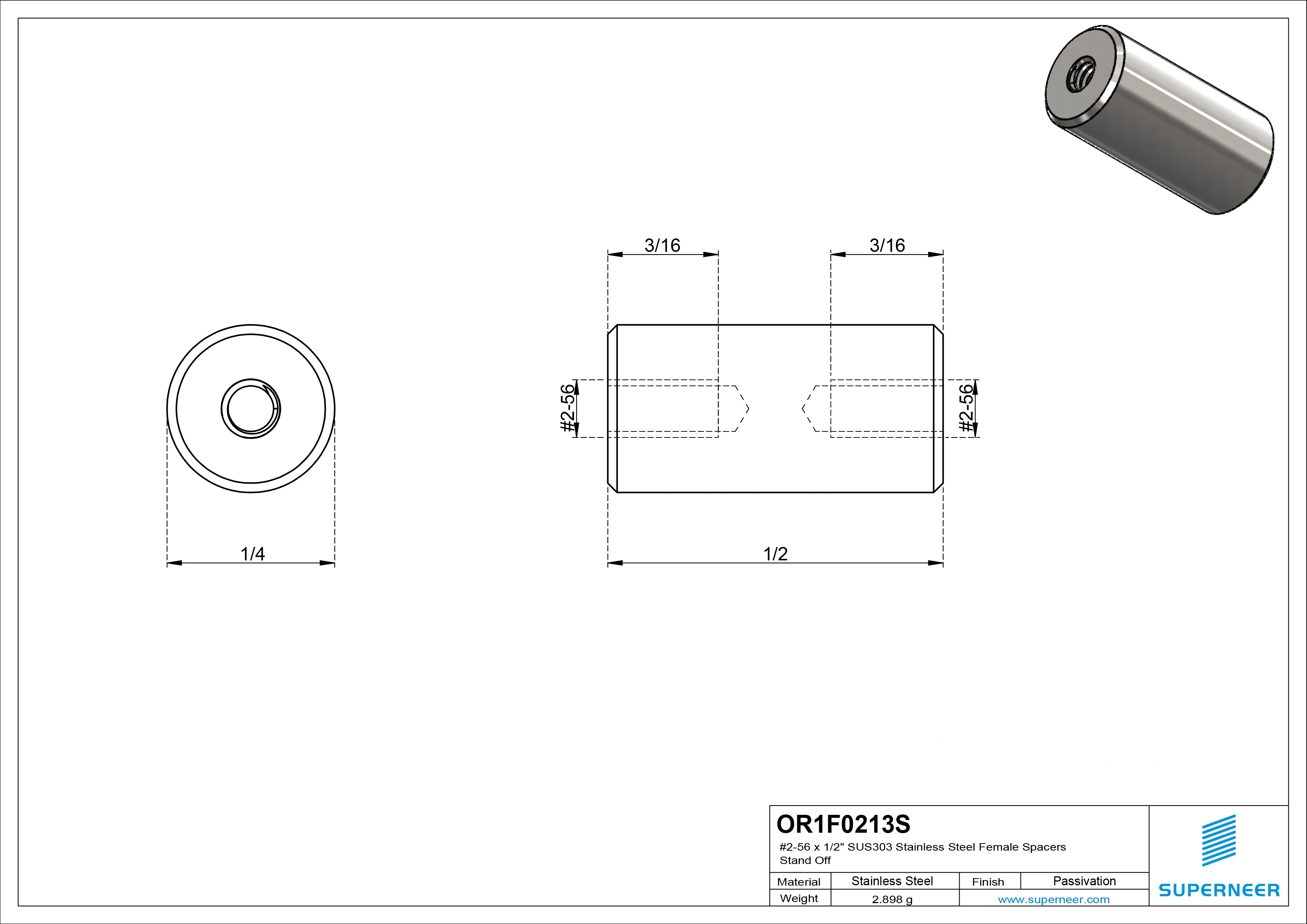 2-56 x 1/2" SUS303 Stainless Steel Inox Female Spacers SUS303 Stainless Steel Inox Stand Off 