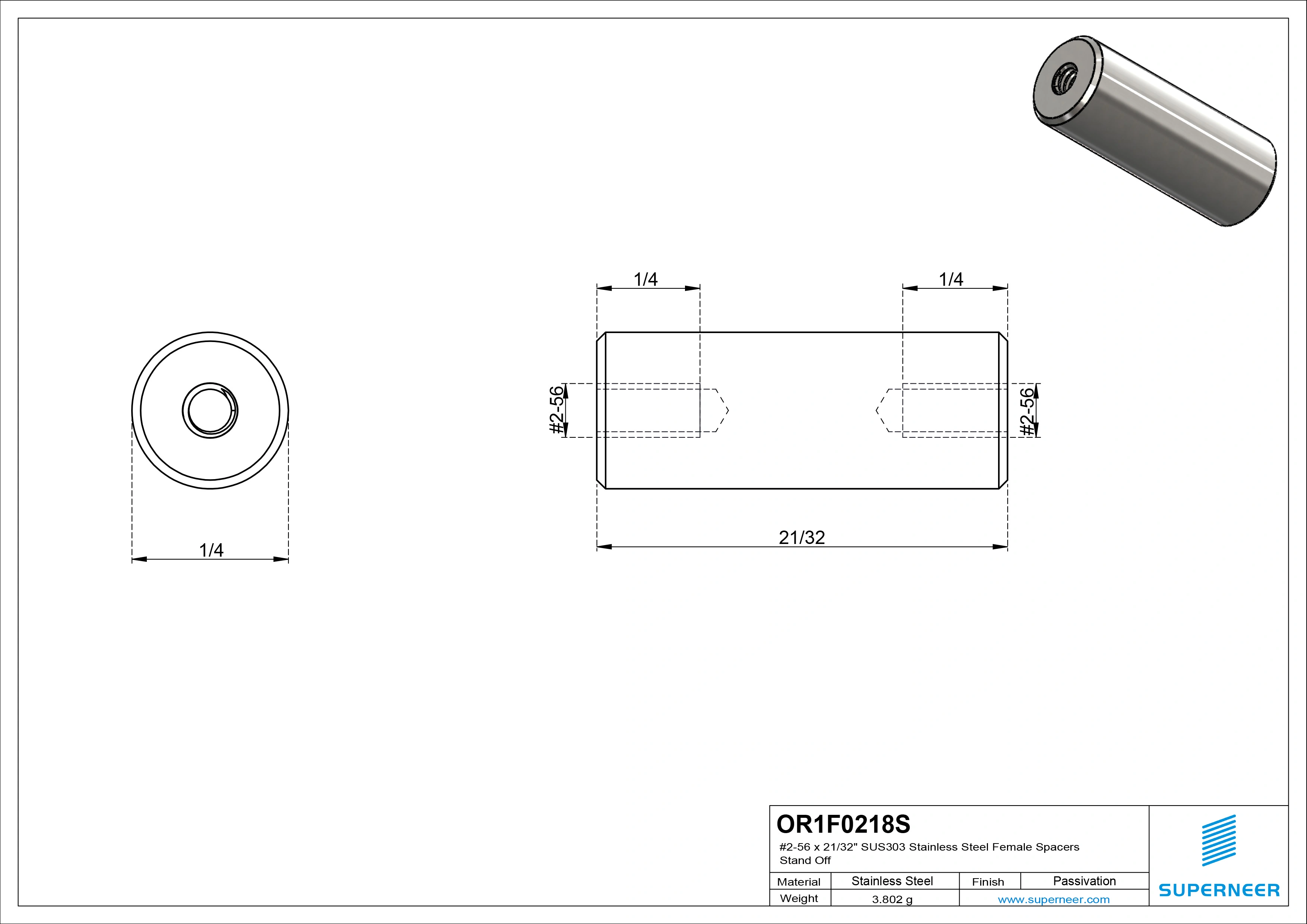 2-56 x 21/32" SUS303 Stainless Steel Inox Female Spacers SUS303 Stainless Steel Inox Stand Off 