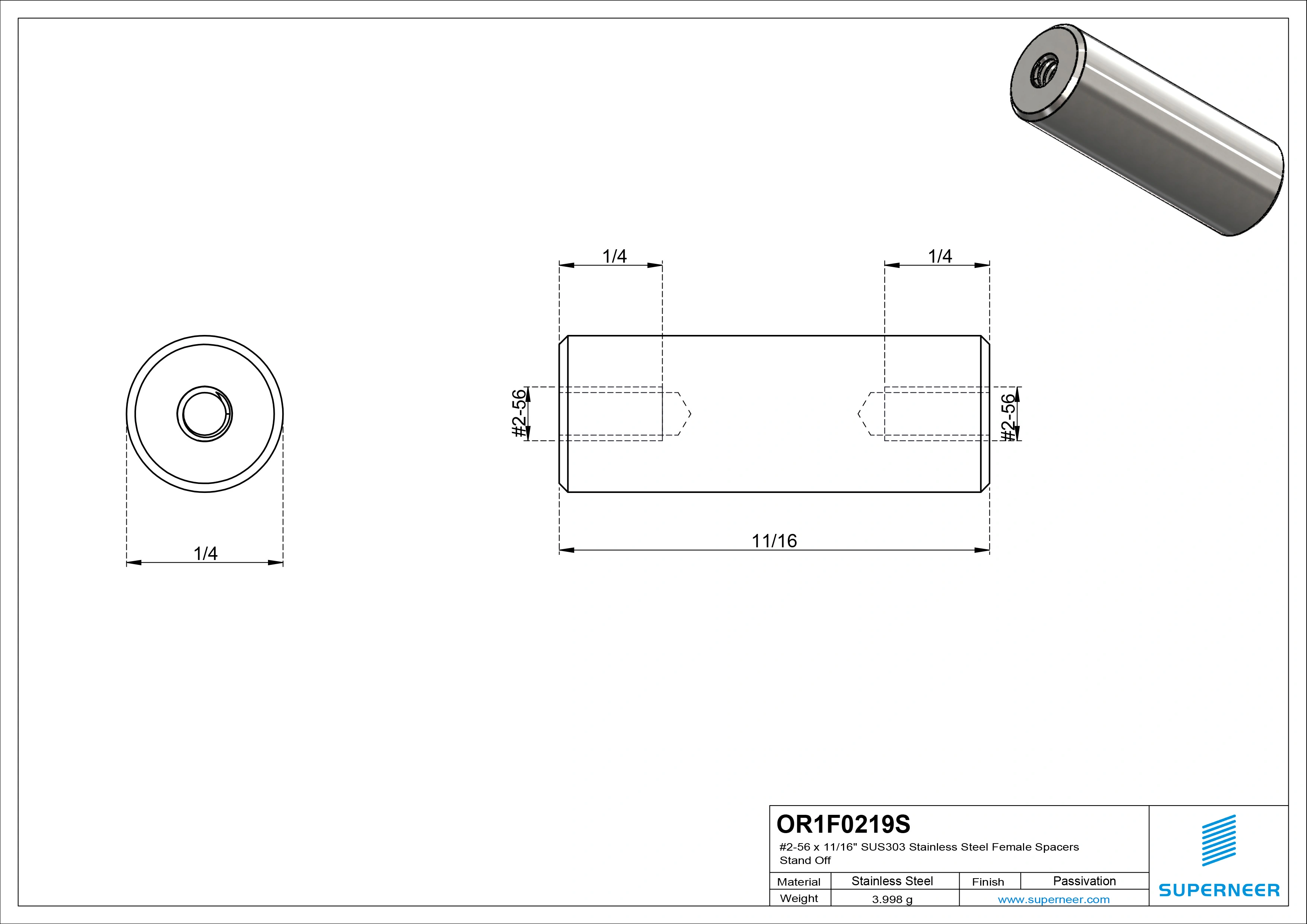 2-56 x 11/16" SUS303 Stainless Steel Inox Female Spacers SUS303 Stainless Steel Inox Stand Off 