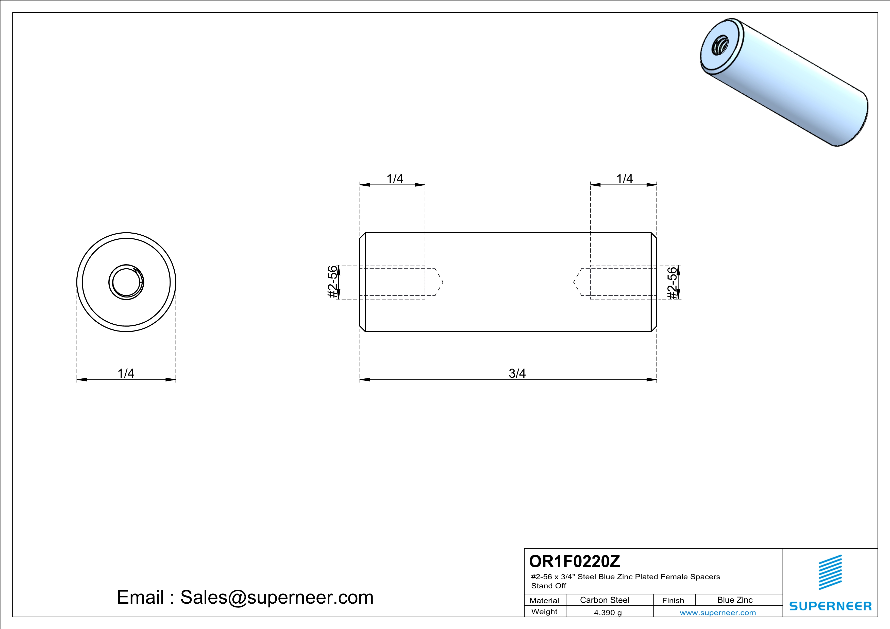 2-56 x 3/4" Steel Blue Zinc Plated Female Spacers Steel Blue Zinc Plated Stand Off 