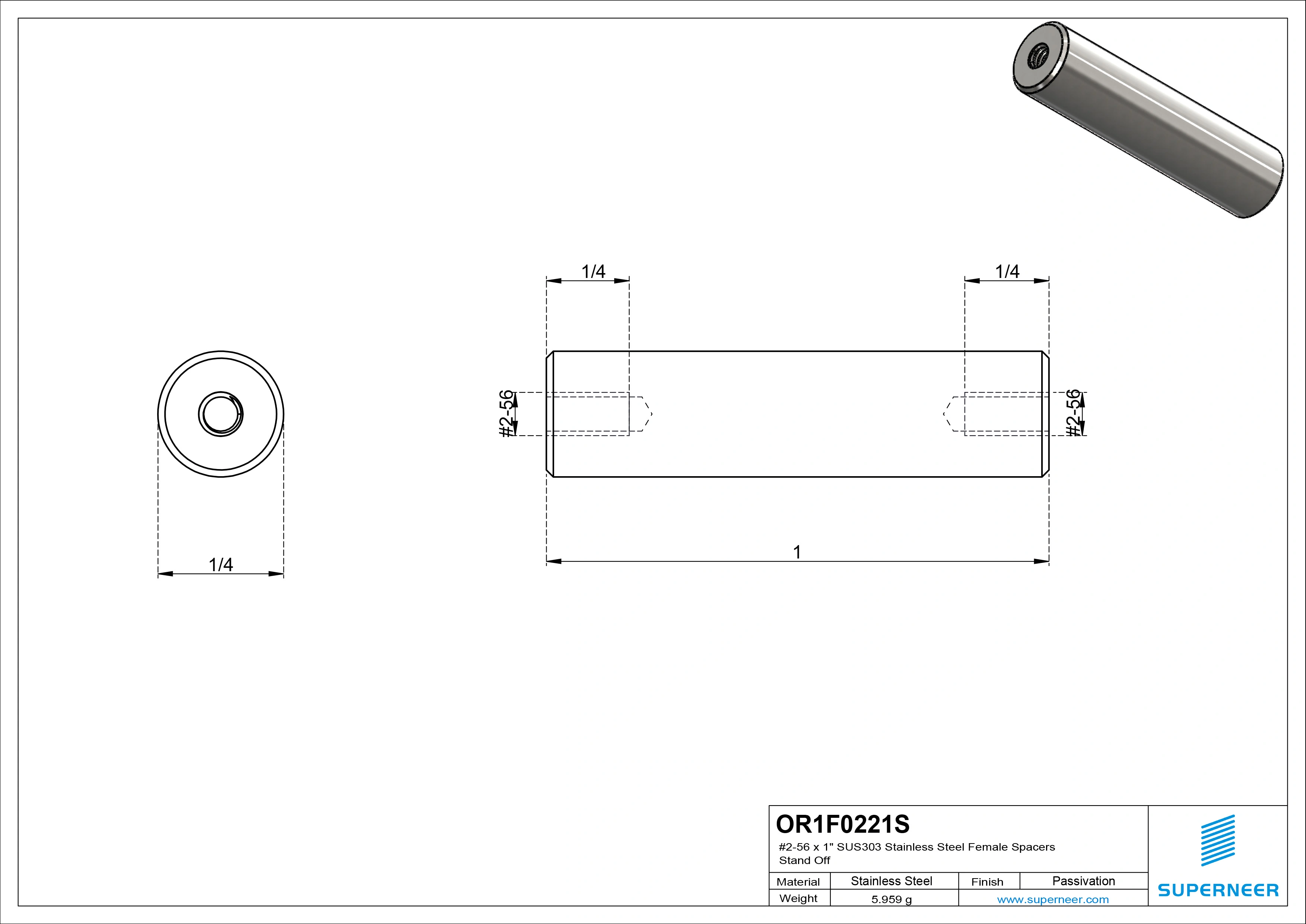 2-56 x 1" SUS303 Stainless Steel Inox Female Spacers SUS303 Stainless Steel Inox Stand Off 