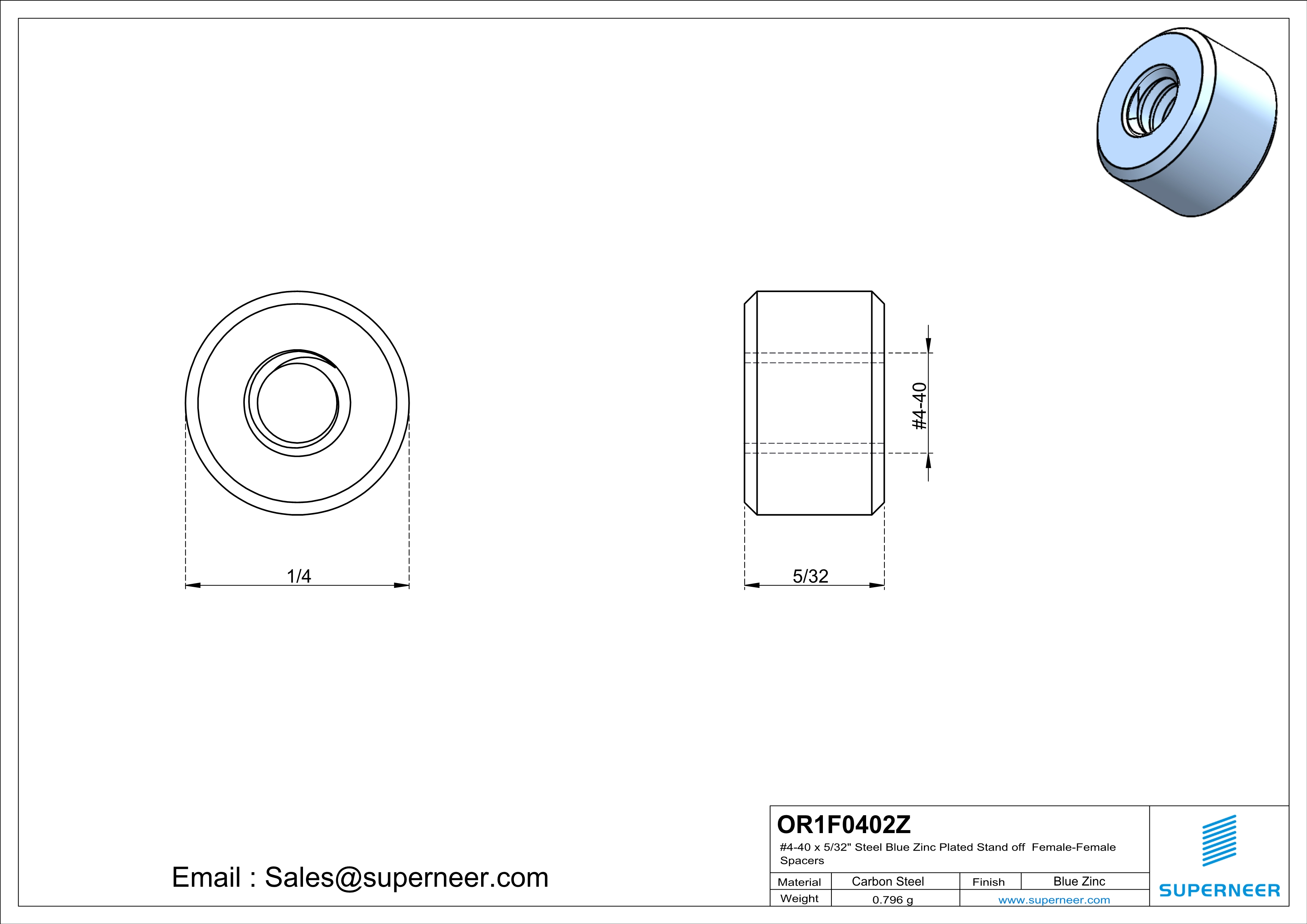 4-40 x 5/32" Steel Blue Zinc Plated Stand off Spacers Female-Female Steel Blue Zinc Plated