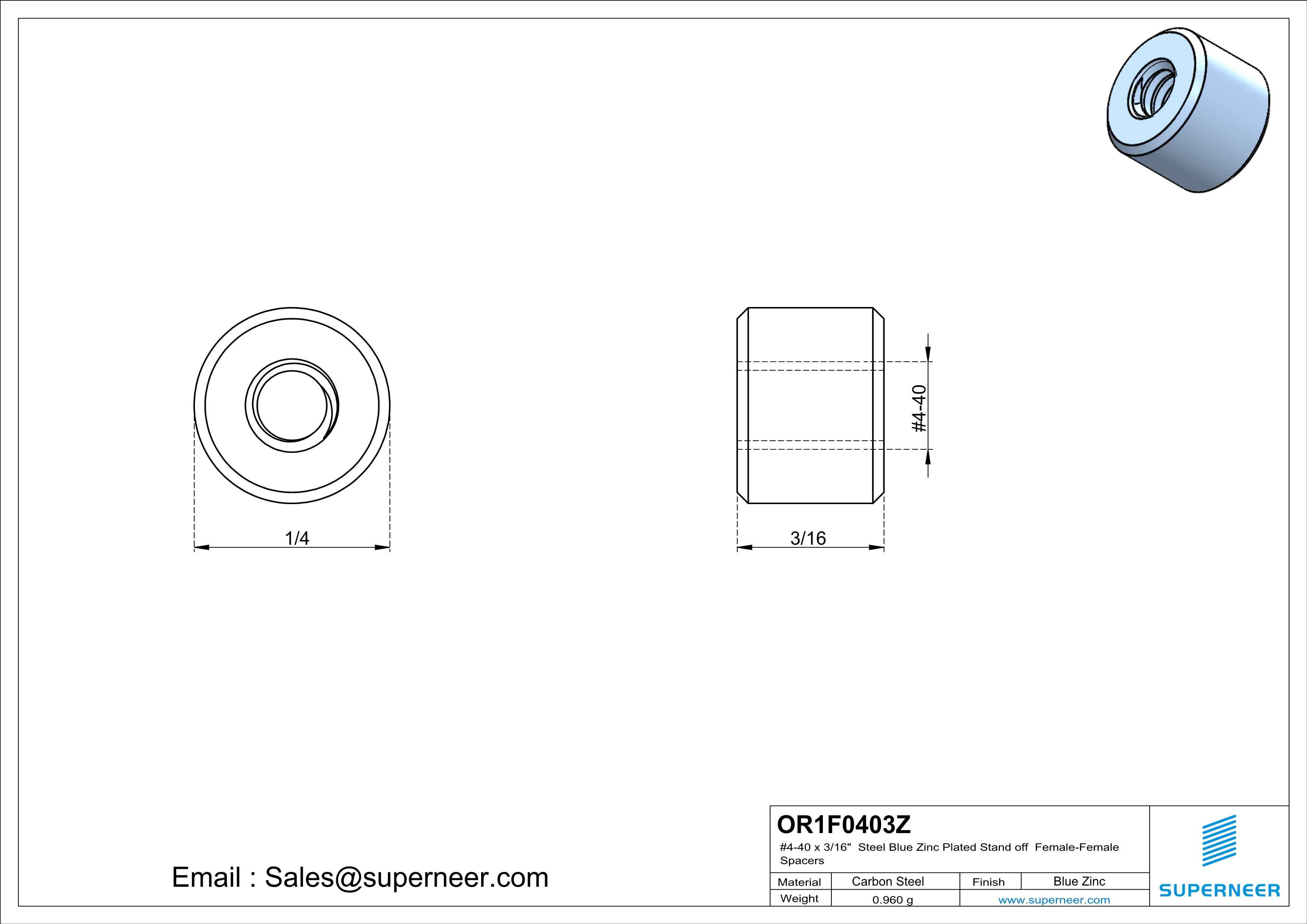 4-40 x 3/16" Steel Blue Zinc Plated Stand off Spacers Female-Female Steel Blue Zinc Plated 