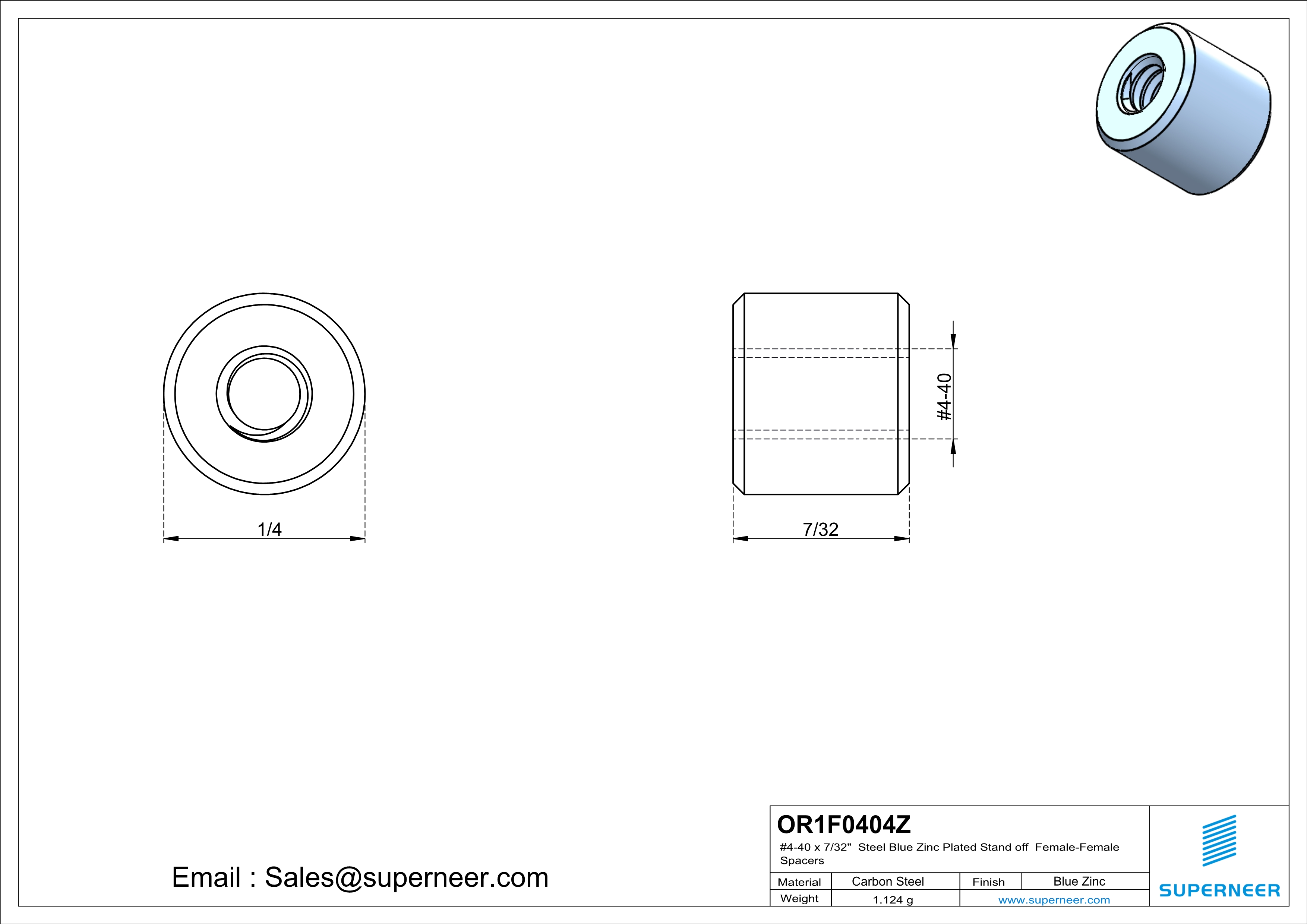 4-40 x 7/32" Steel Blue Zinc Plated Stand off Spacers Female-Female Steel Blue Zinc Plated 