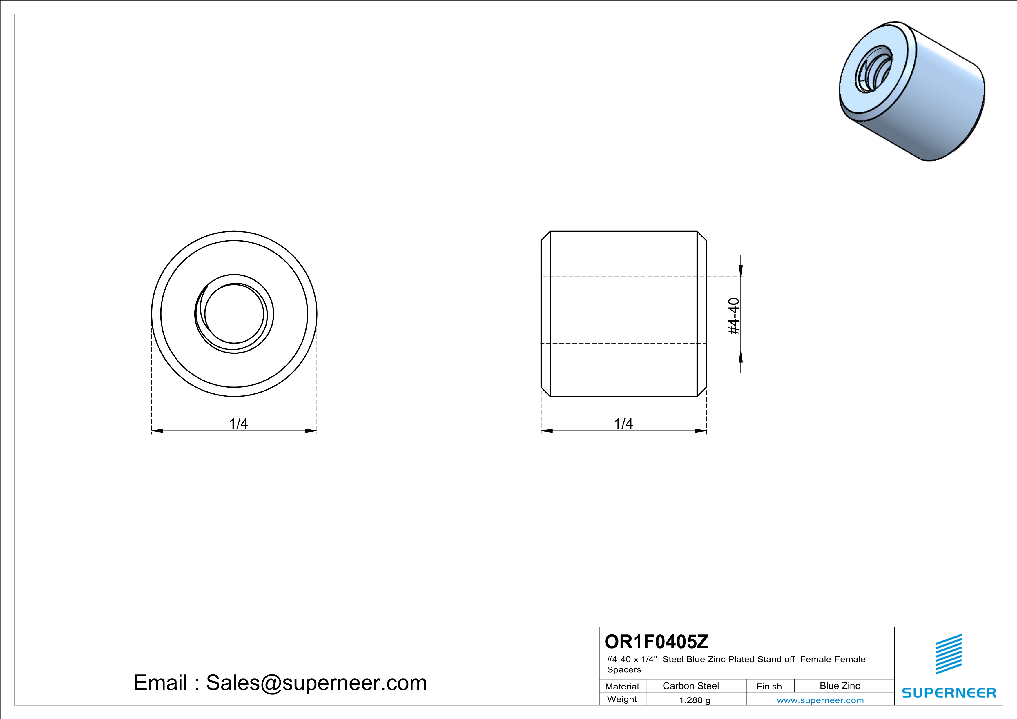 4-40 x 1/4" Steel Blue Zinc Plated Stand off Spacers Female-Female Steel Blue Zinc Plated 