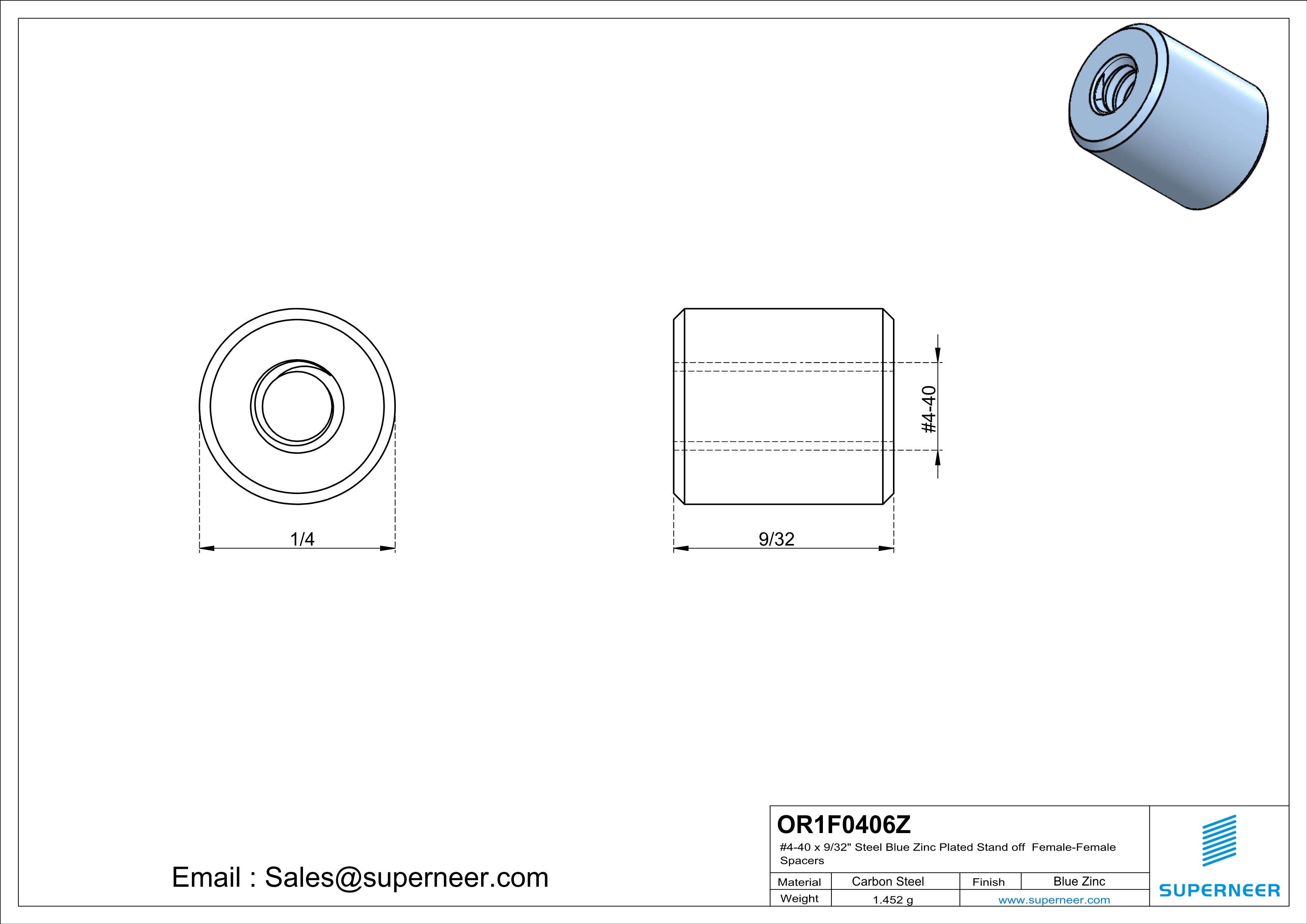 4-40 x 9/32" Steel Blue Zinc Plated Stand off Spacers Female-Female Steel Blue Zinc Plated 