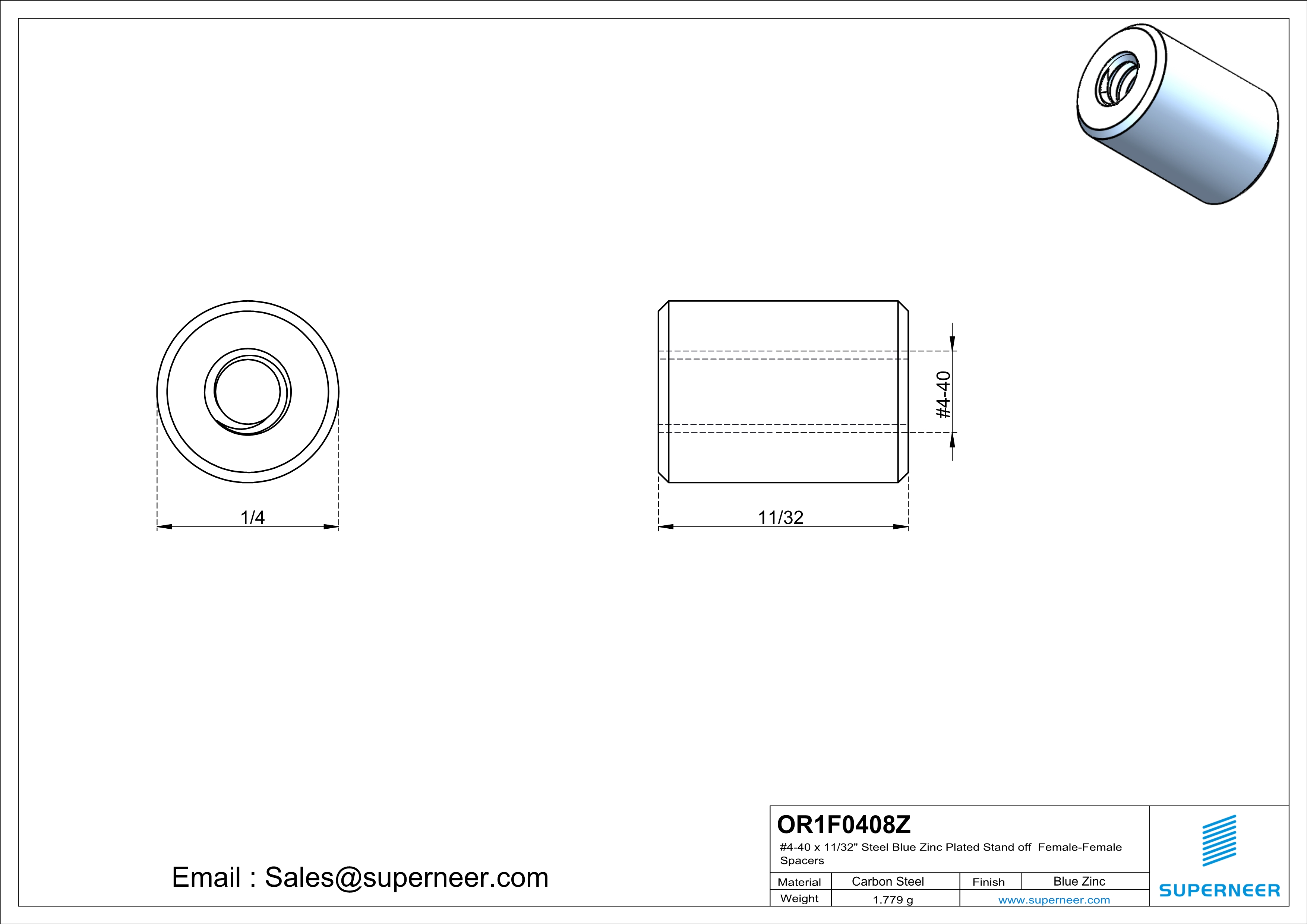 4-40 x 11/32" Steel Blue Zinc Plated Stand off Spacers Female-Female Steel Blue Zinc Plated 