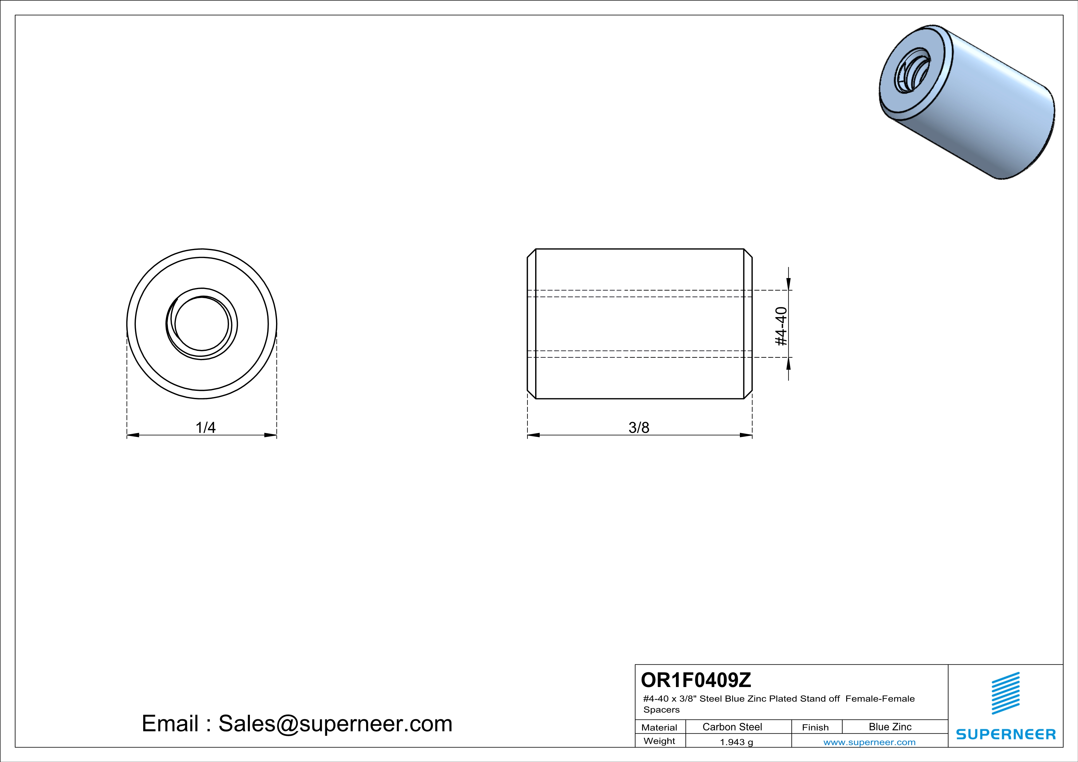 4-40 x 3/8" Steel Blue Zinc Plated Stand off Spacers Female-Female Steel Blue Zinc Plated 