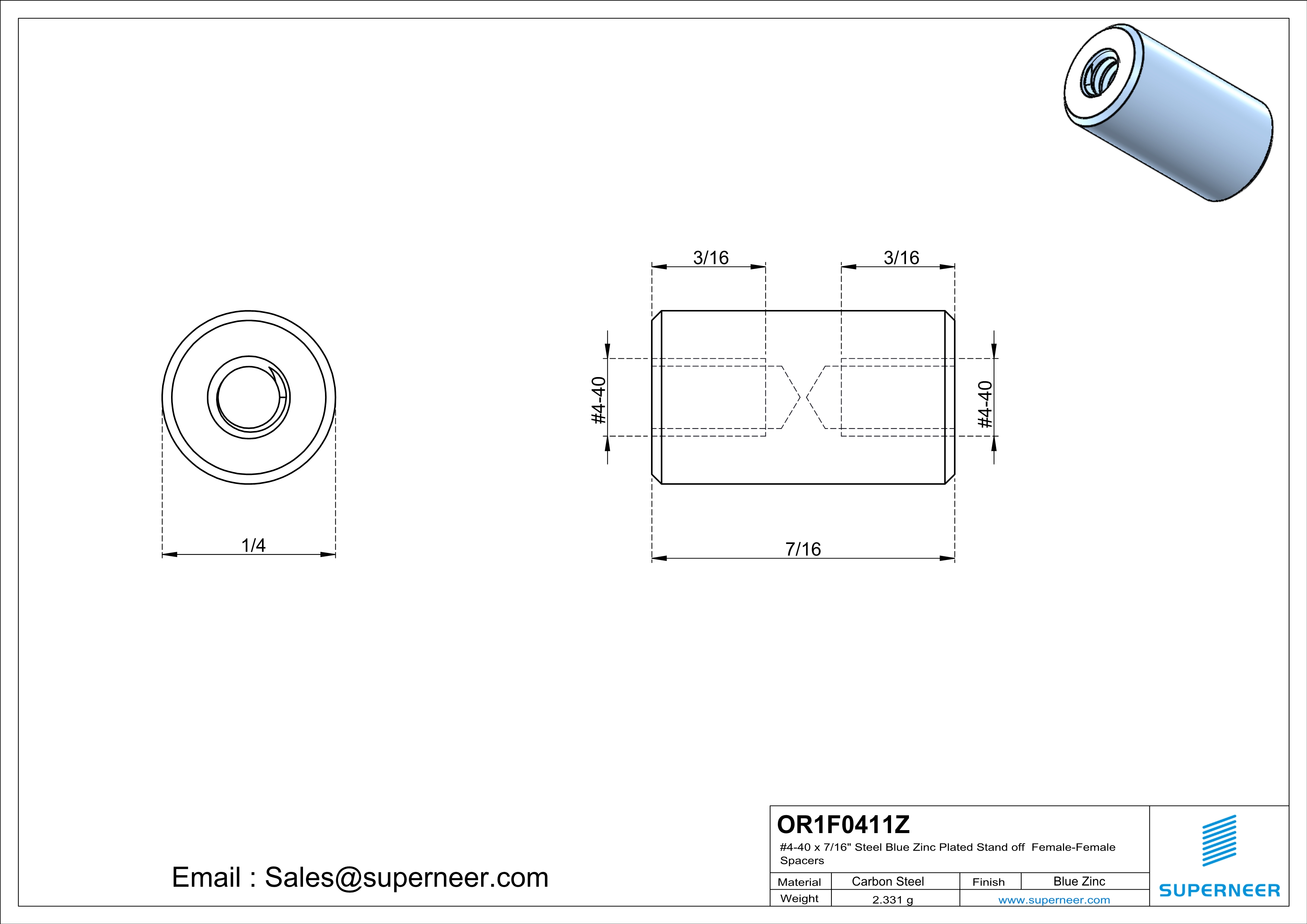 4-40 x 7/16" Steel Blue Zinc Plated Stand off Spacers Female-Female Steel Blue Zinc Plated 