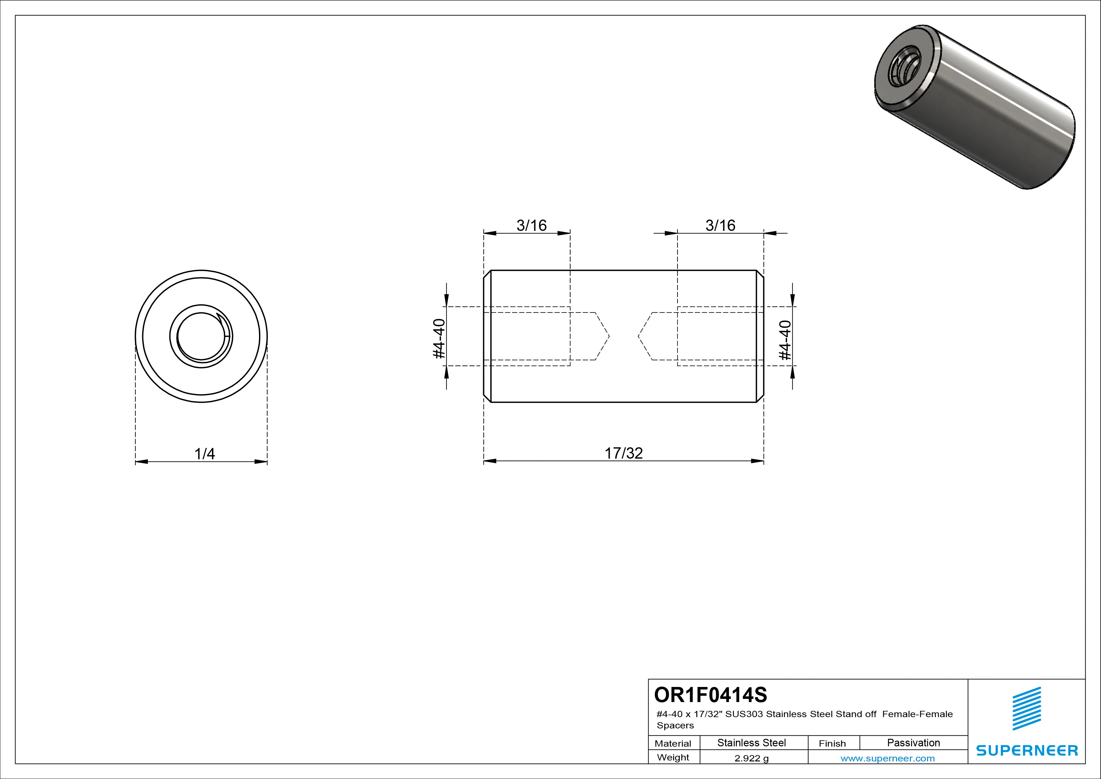 4-40 x 17/32" SUS303 Stainless Steel Inox Stand off Spacers Female-Female SUS303 Stainless Steel Inox 