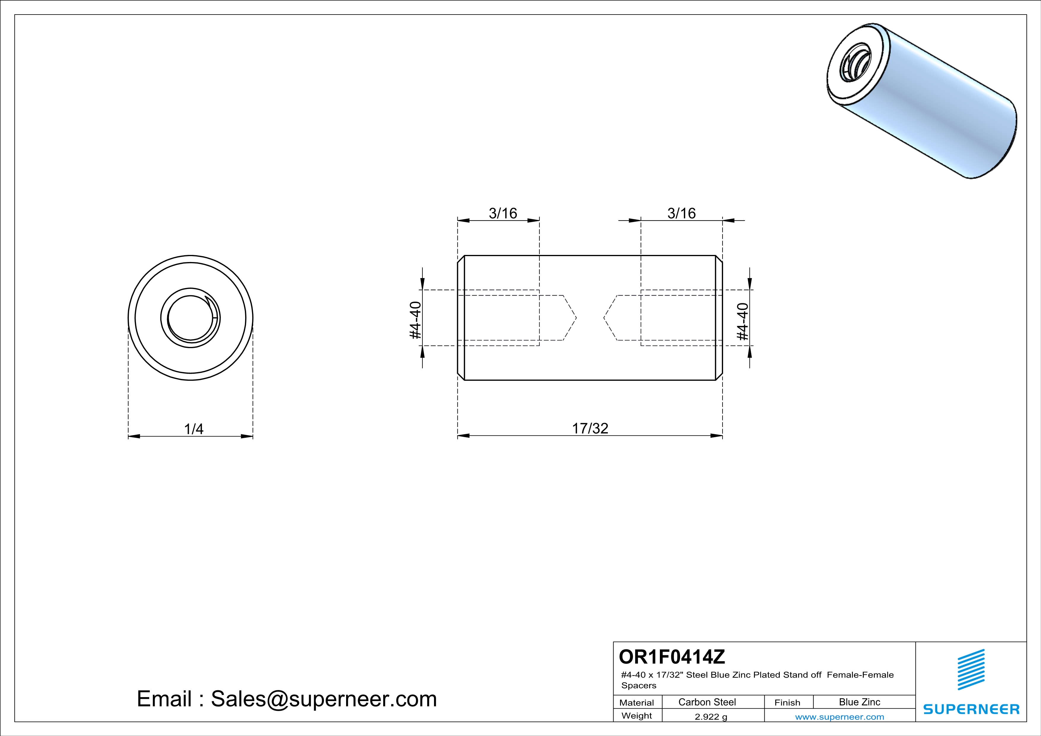 4-40 x 17/32" Steel Blue Zinc Plated Stand off Spacers Female-Female Steel Blue Zinc Plated 