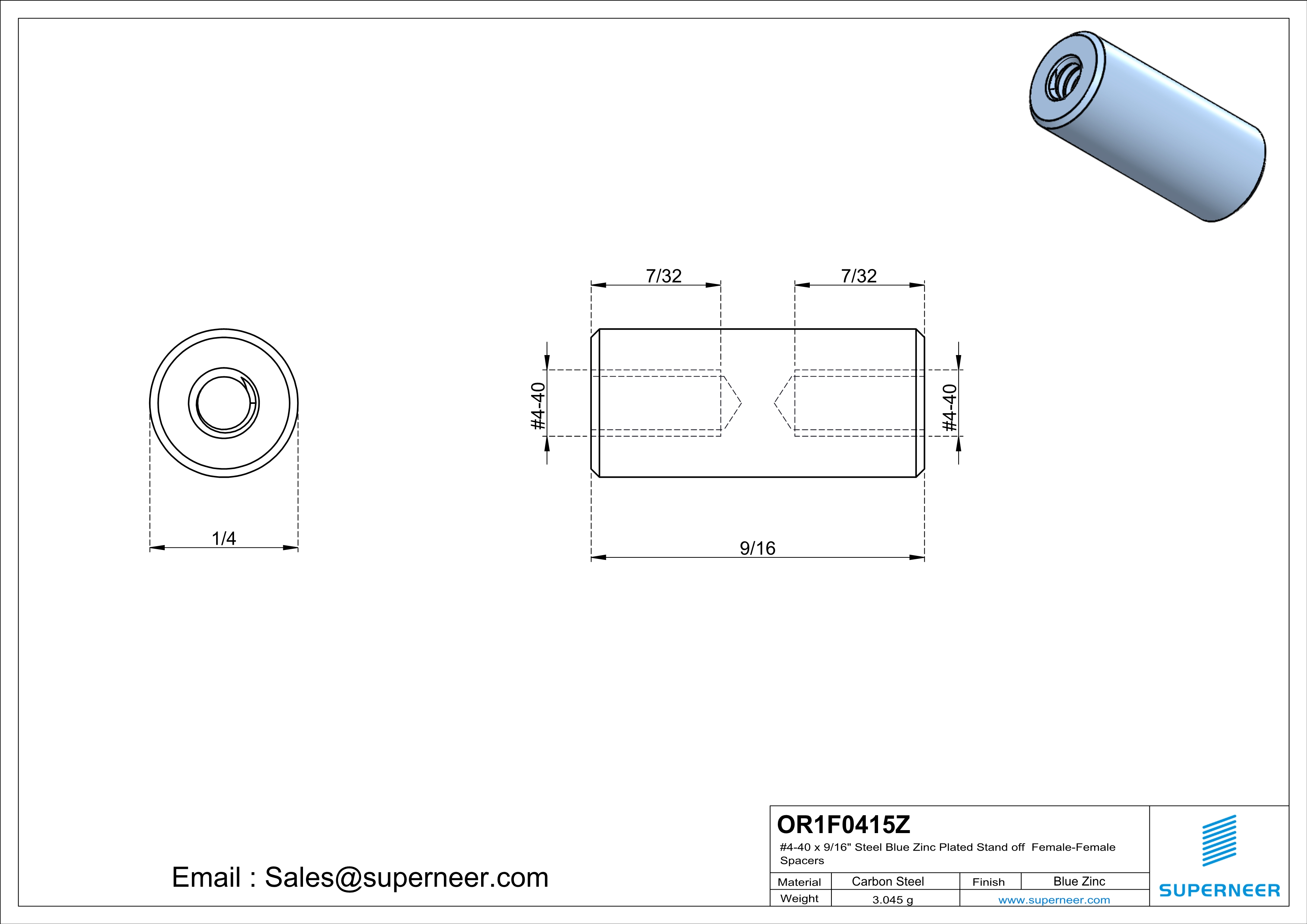 4-40 x 9/16" Steel Blue Zinc Plated Stand off Spacers Female-Female Steel Blue Zinc Plated 