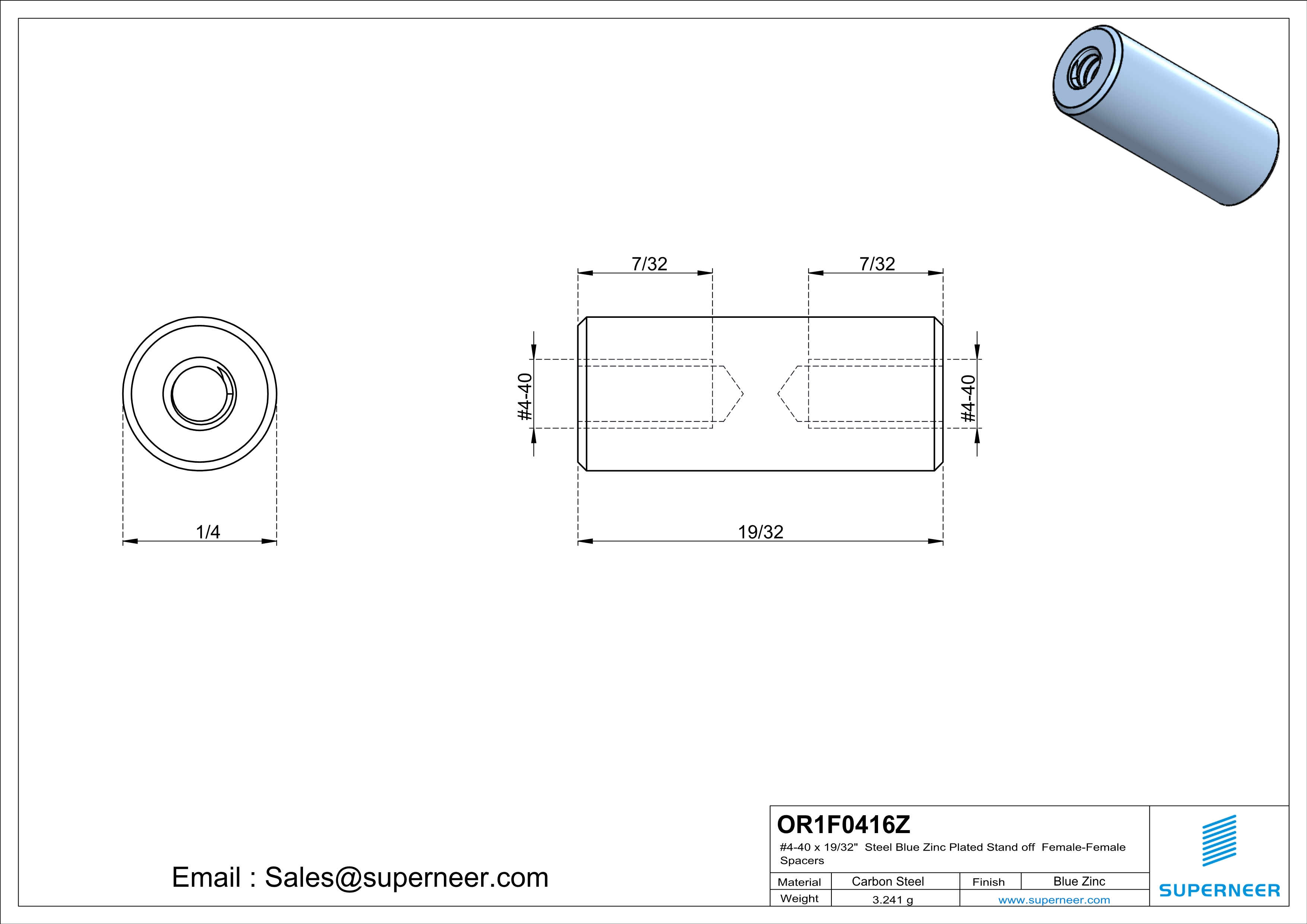 4-40 x 19/32" Steel Blue Zinc Plated Stand off Spacers Female-Female Steel Blue Zinc Plated 