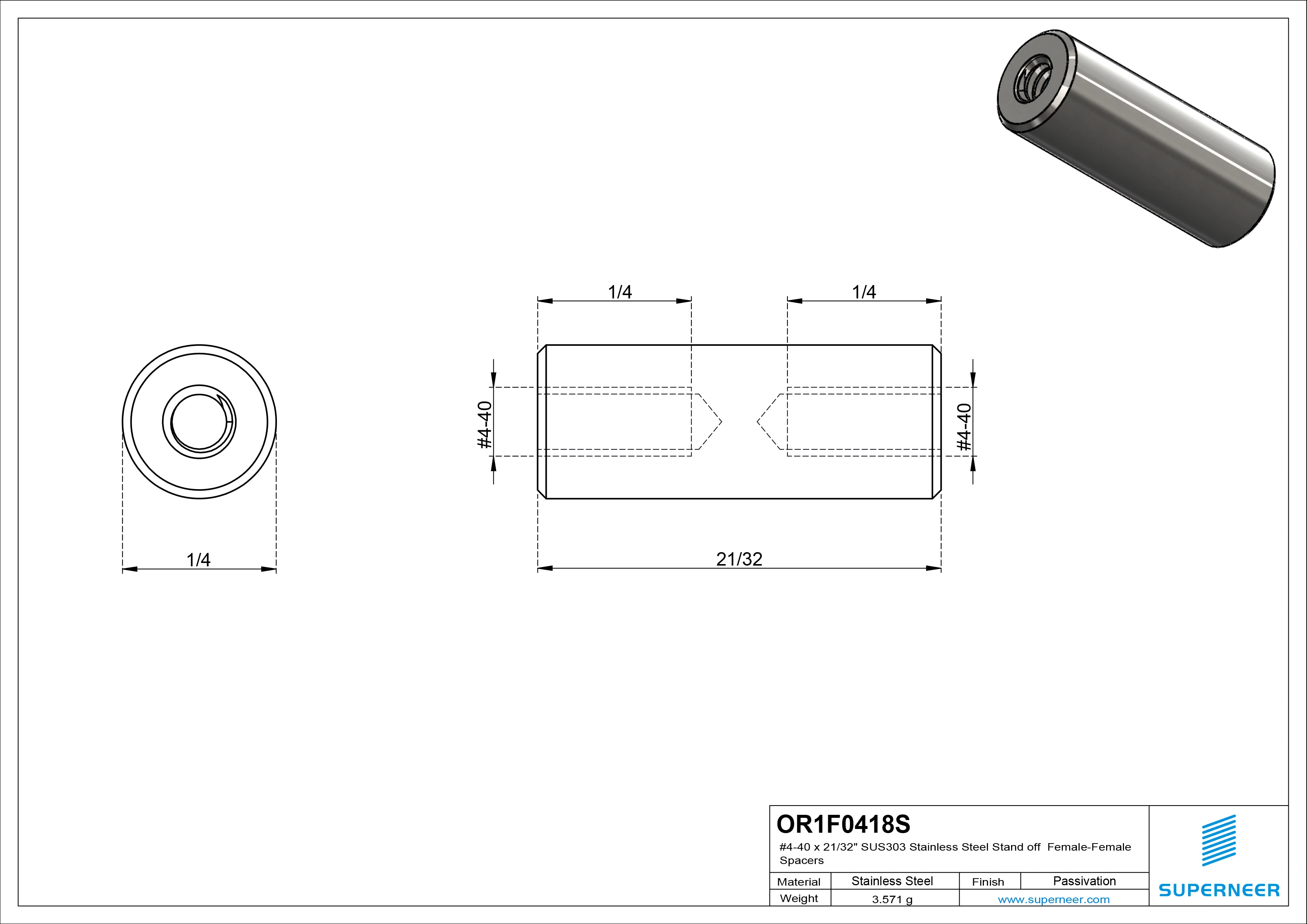 4-40 x 21/32" SUS303 Stainless Steel Inox Stand off Spacers Female-Female SUS303 Stainless Steel Inox 