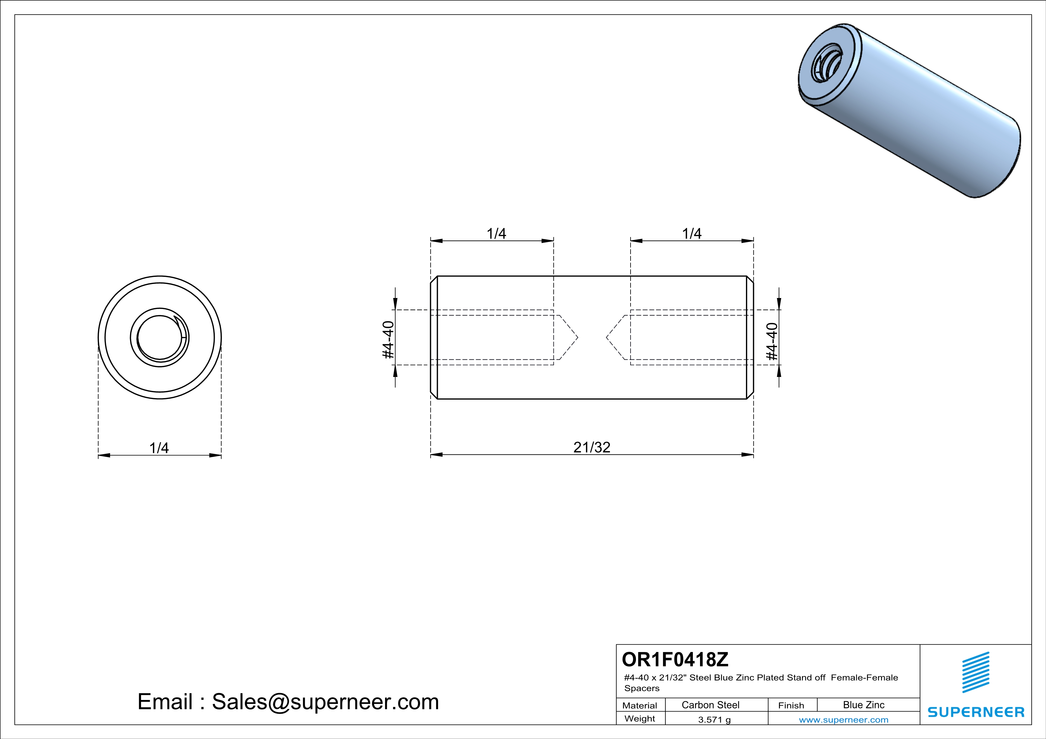 4-40 x 21/32" Steel Blue Zinc Plated Stand off Spacers Female-Female Steel Blue Zinc Plated 