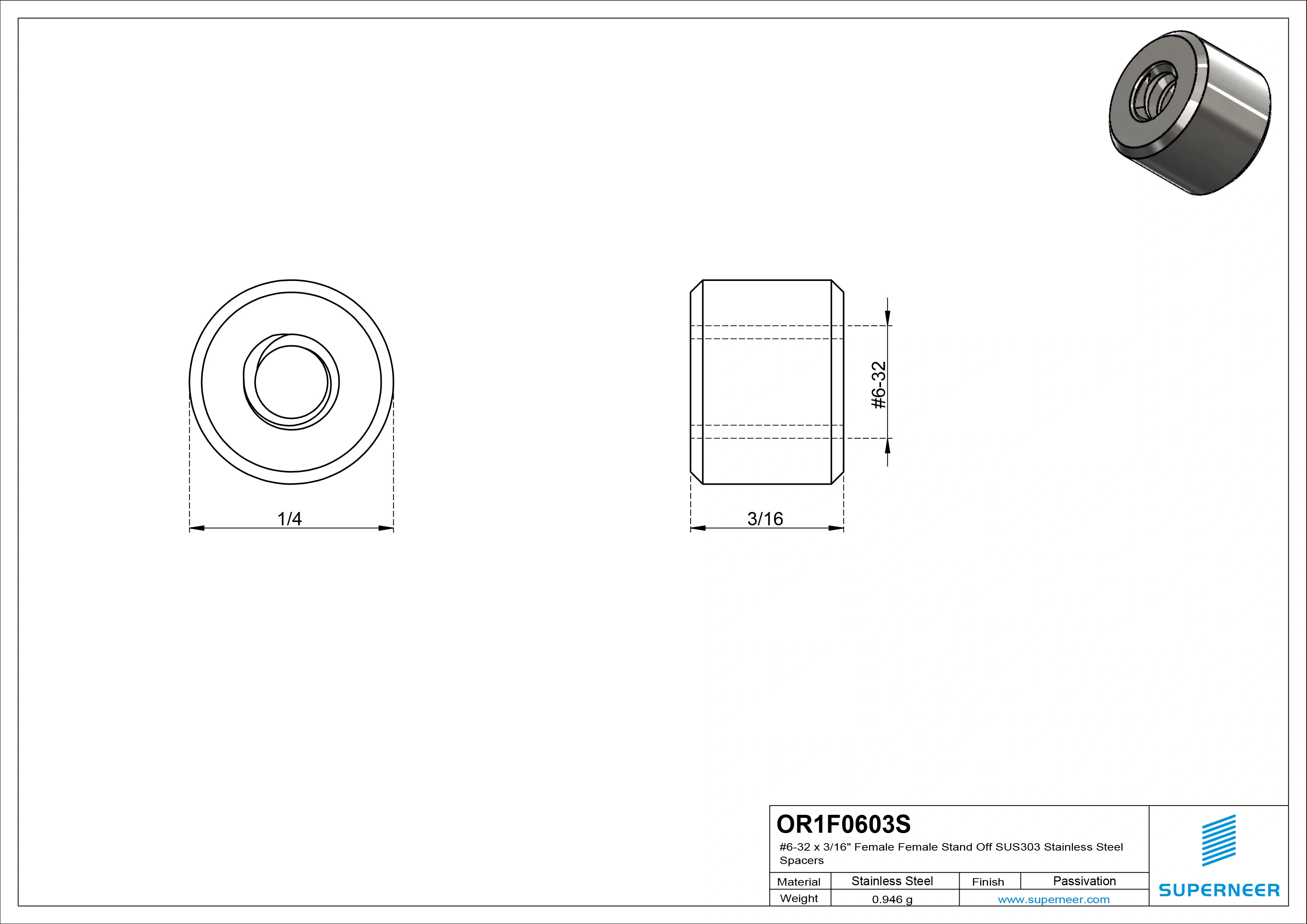 6-32 x 3/16" Female Female SUS303 Stainless Steel Inox Stand Off SUS303 Stainless Steel Inox Spacers 