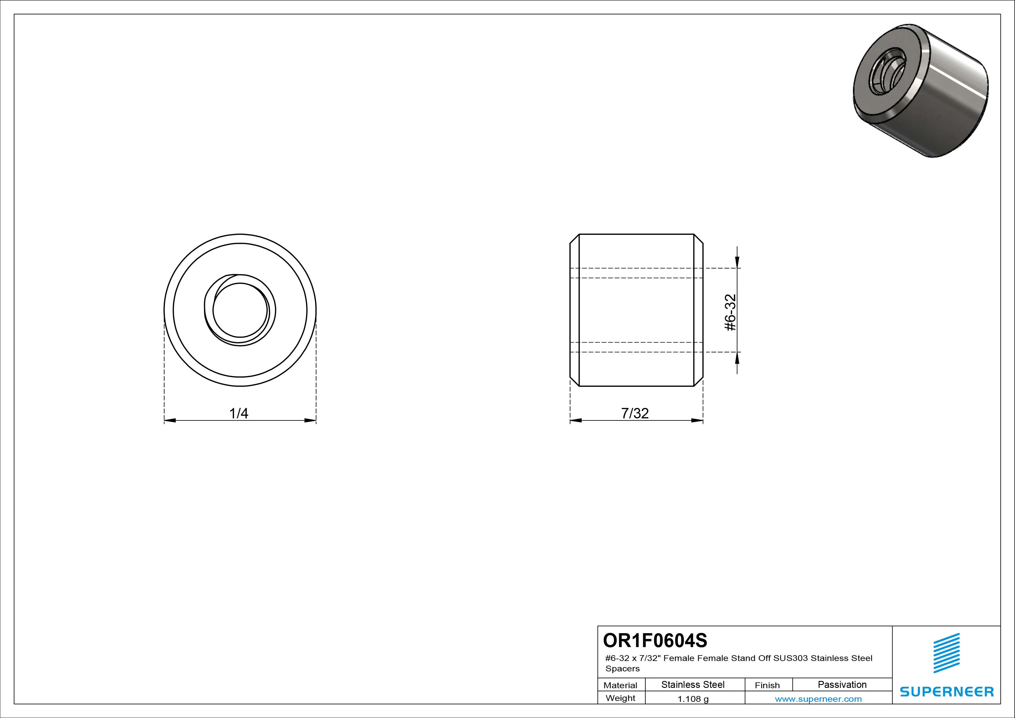 6-32 x 7/32" Female Female SUS303 Stainless Steel Inox Stand Off SUS303 Stainless Steel Inox Spacers 