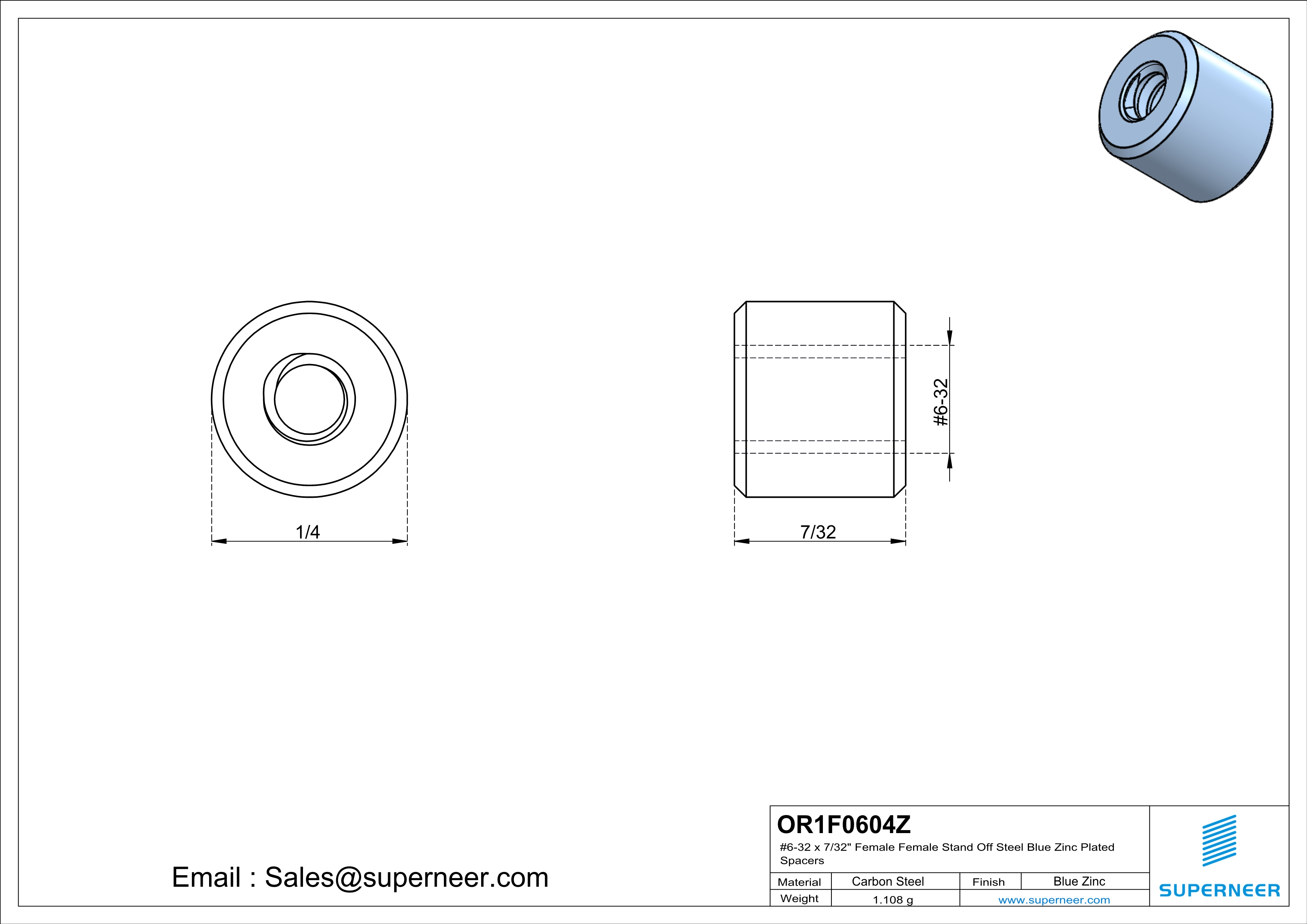 6-32 x 7/32" Female Female Steel Blue Zinc Plated Stand Off Steel Blue Zinc Plated Spacers 