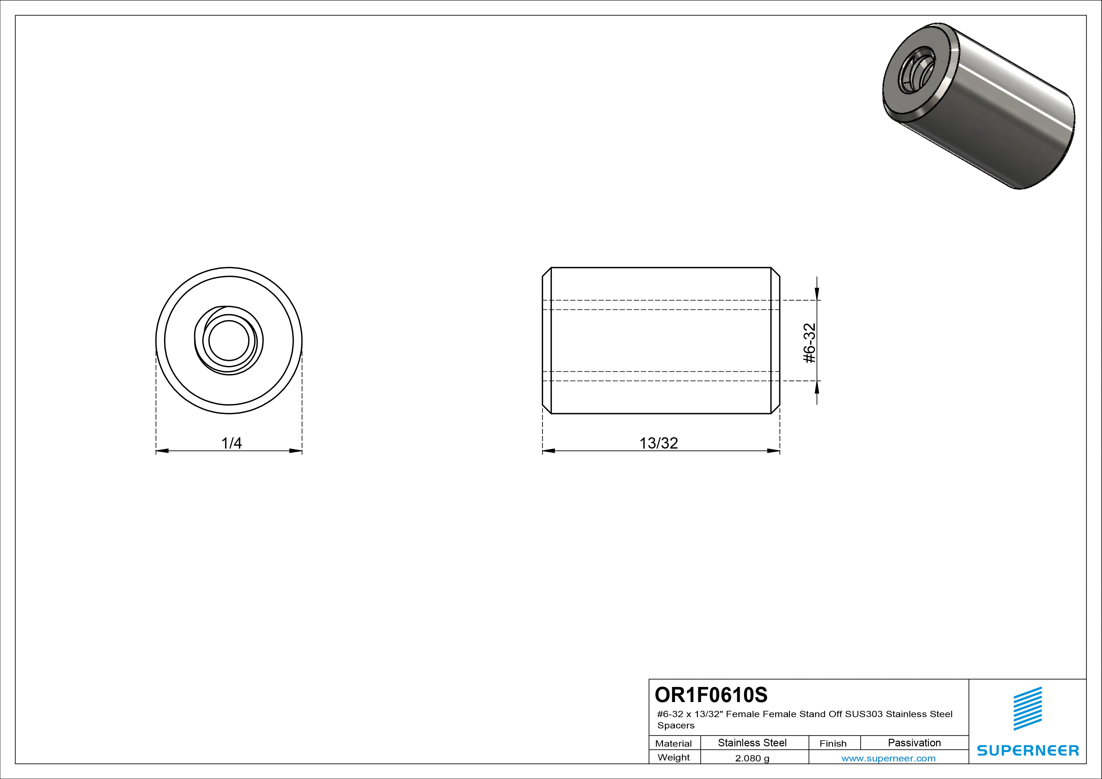 6-32 x 13/32" Female Female SUS303 Stainless Steel Inox Stand Off SUS303 Stainless Steel Inox Spacers 