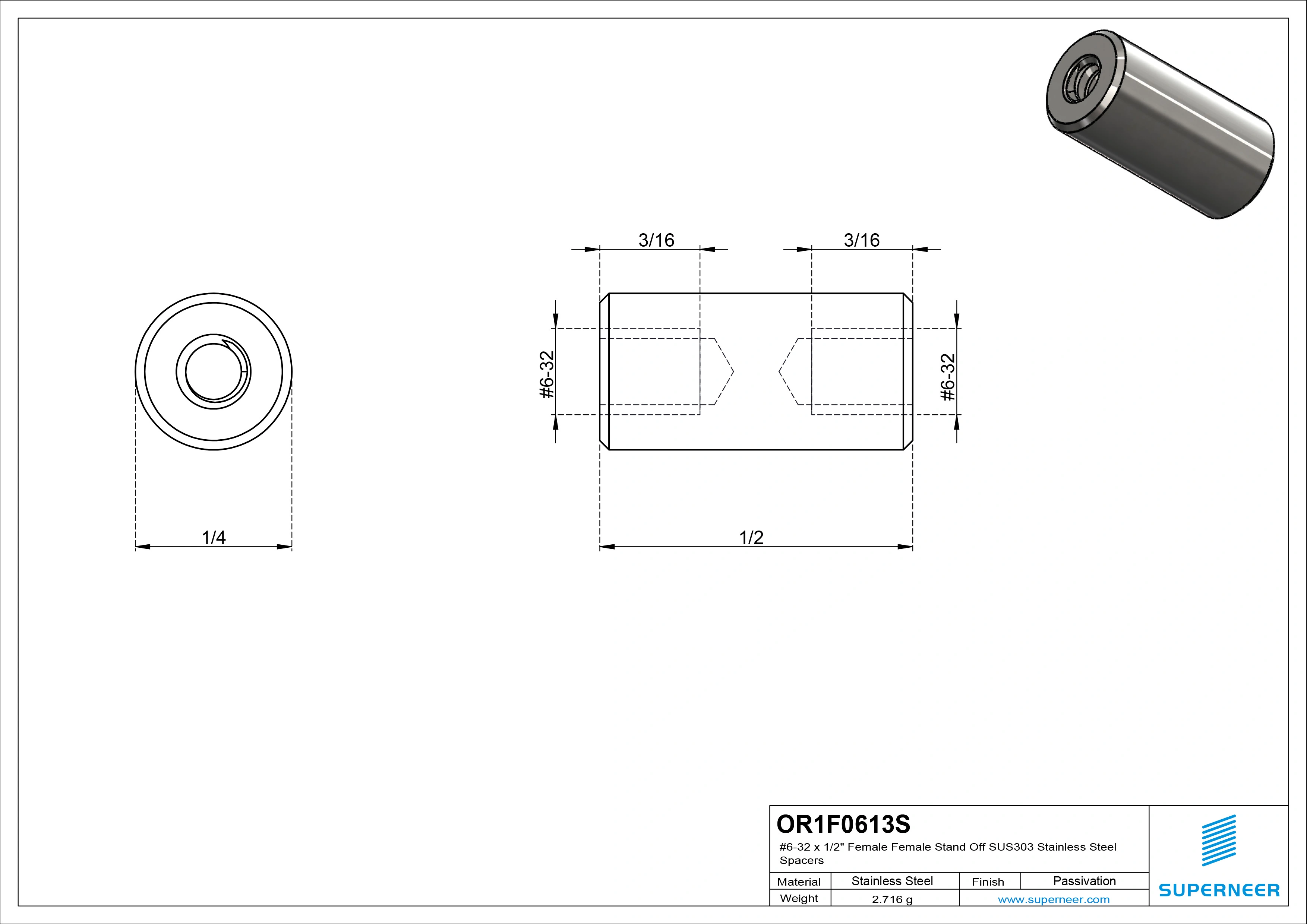 6-32 x 1/2" Female Female SUS303 Stainless Steel Inox Stand Off SUS303 Stainless Steel Inox Spacers 