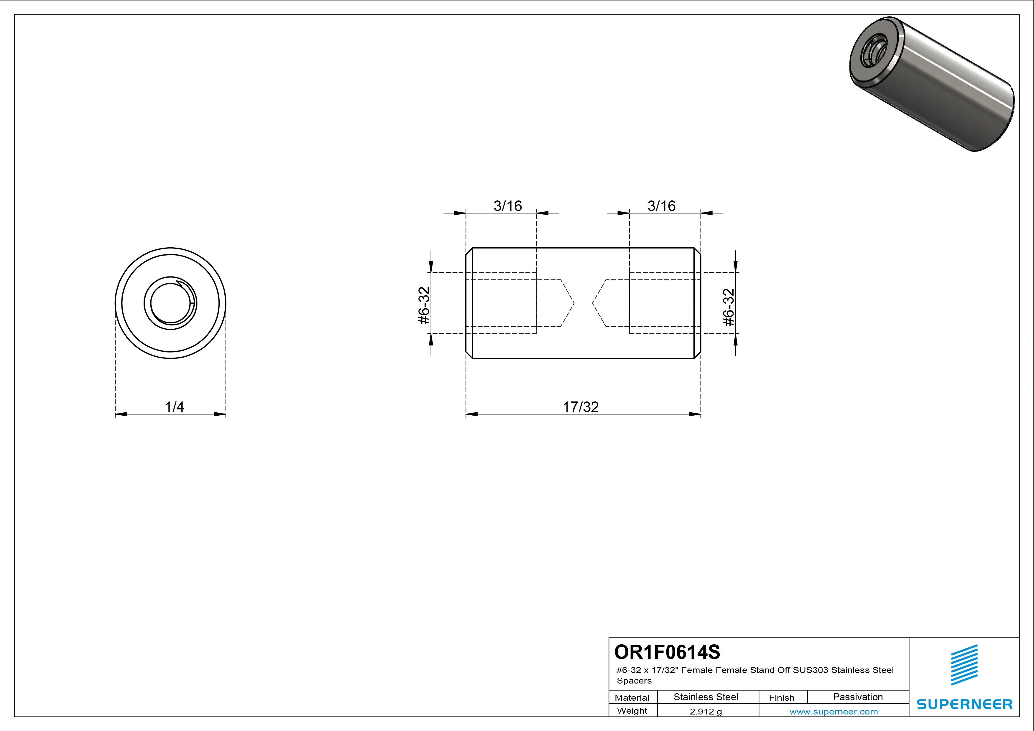 6-32 x 17/32" Female Female SUS303 Stainless Steel Inox Stand Off SUS303 Stainless Steel Inox Spacers 