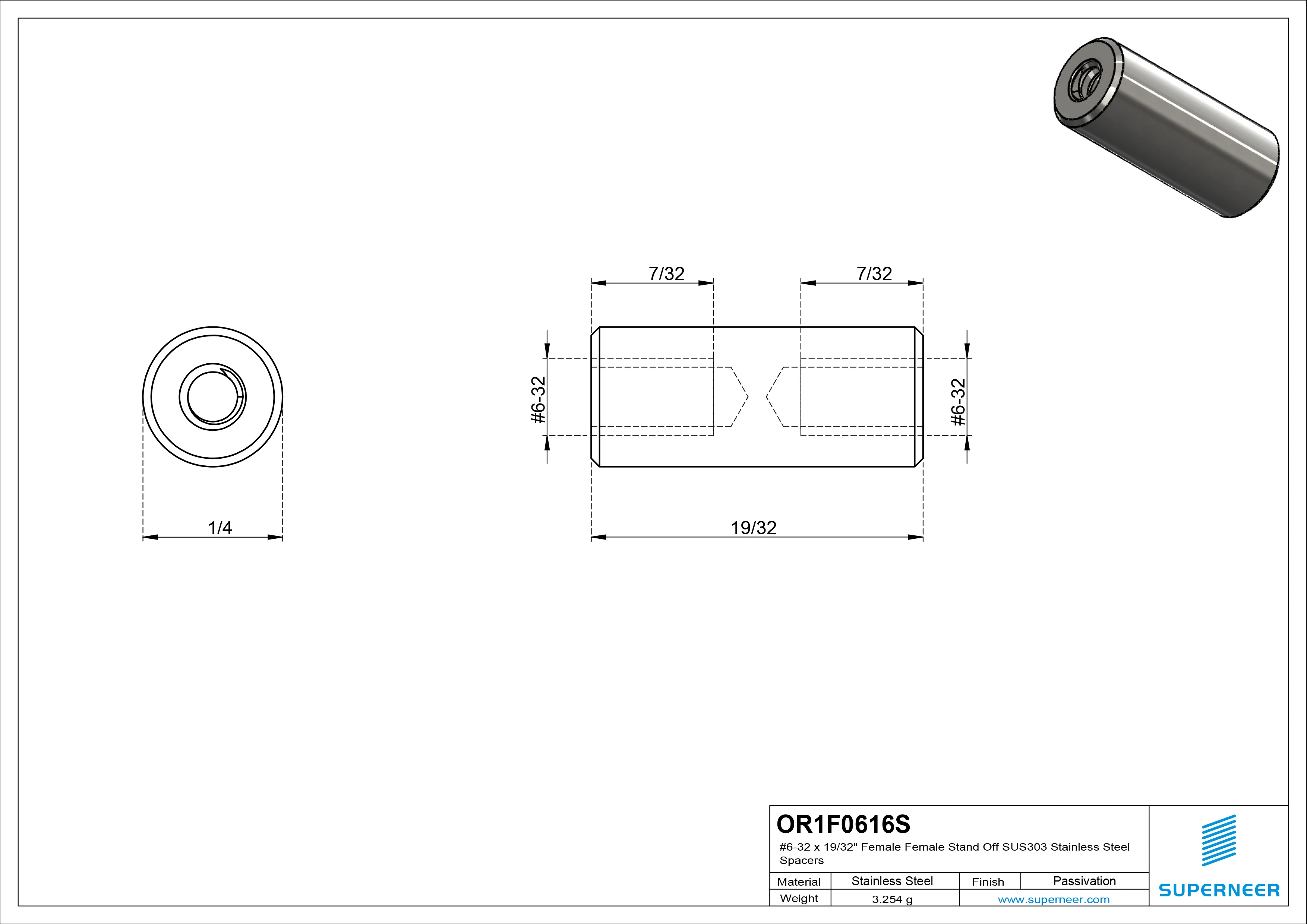 6-32 x 19/32" Female Female SUS303 Stainless Steel Inox Stand Off SUS303 Stainless Steel Inox Spacers 