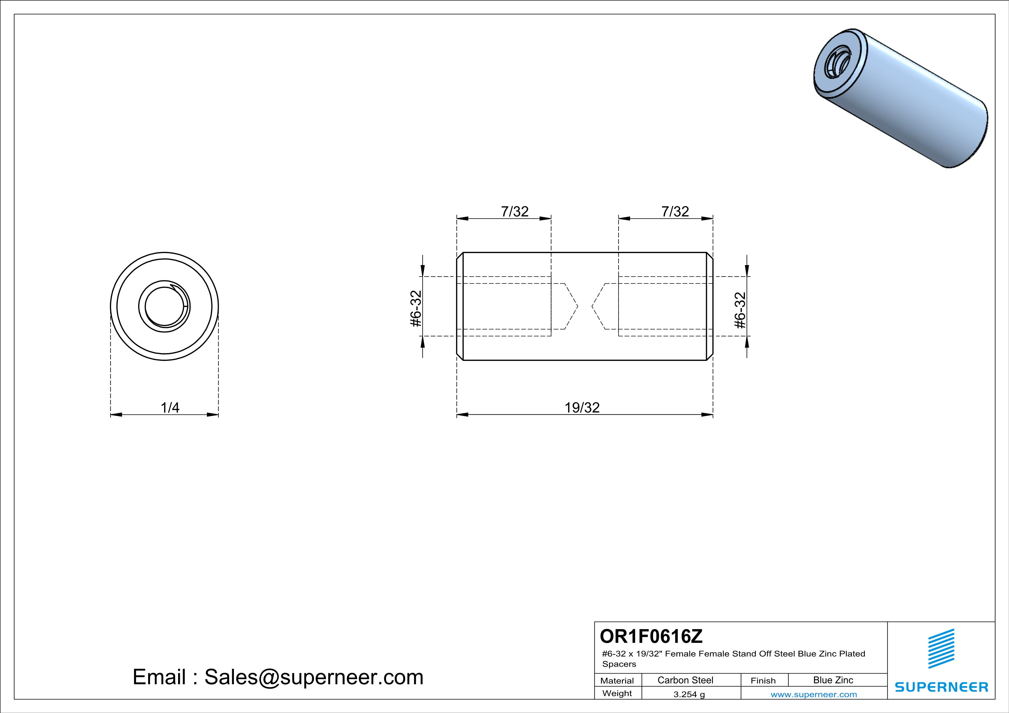 6-32 x 19/32" Female Female Steel Blue Zinc Plated Stand Off Steel Blue Zinc Plated Spacers 