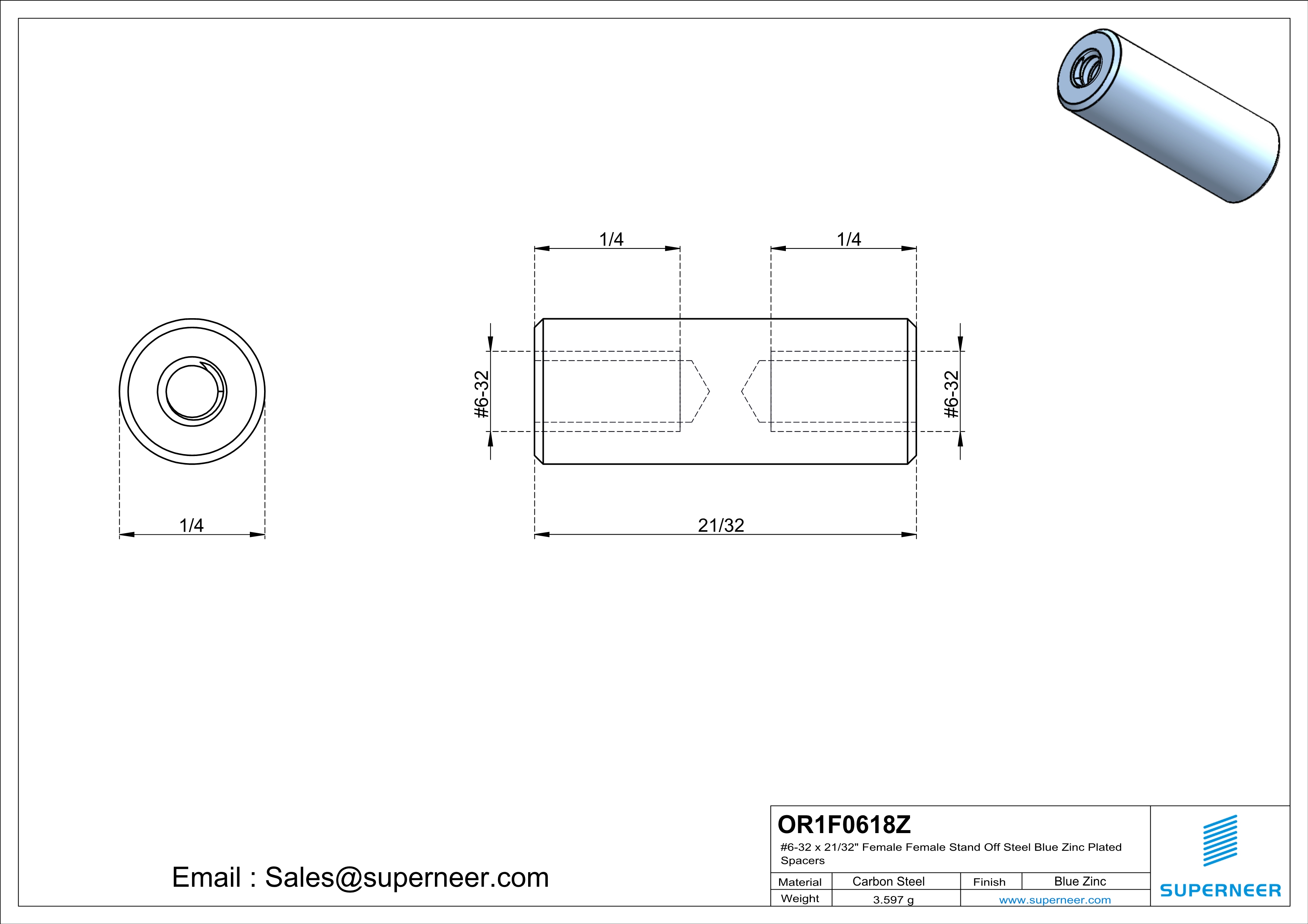 6-32 x 21/32" Female Female Steel Blue Zinc Plated Stand Off Steel Blue Zinc Plated Spacers 