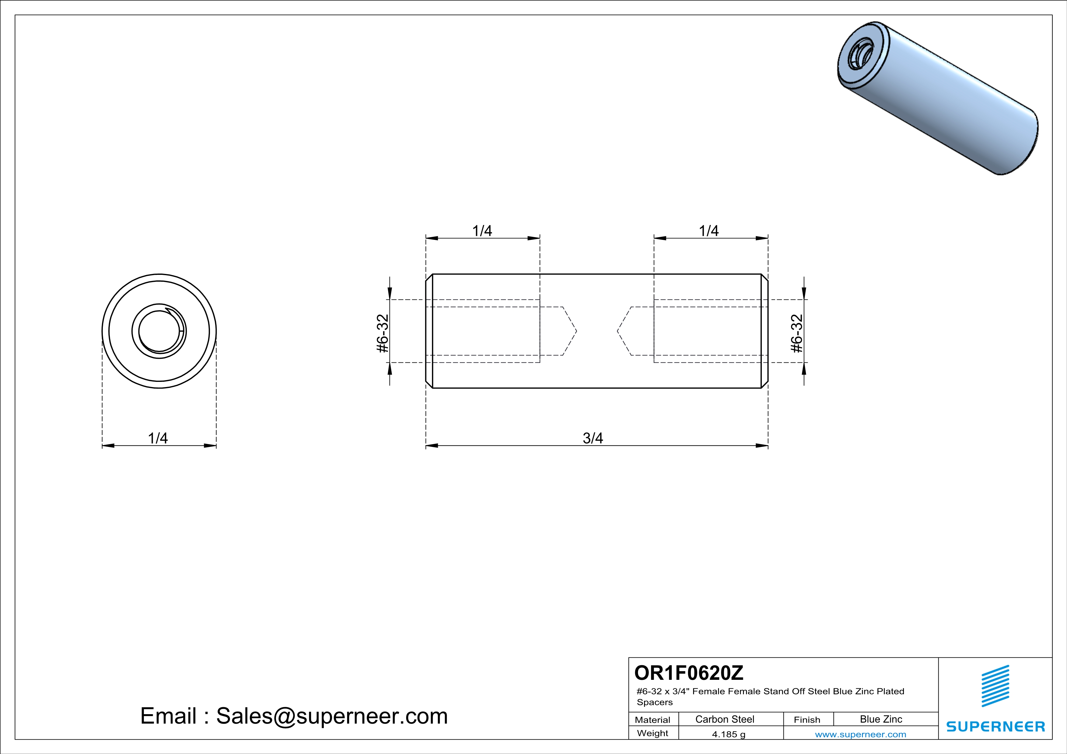 6-32 x 3/4" Female Female Steel Blue Zinc Plated Stand Off Steel Blue Zinc Plated Spacers 